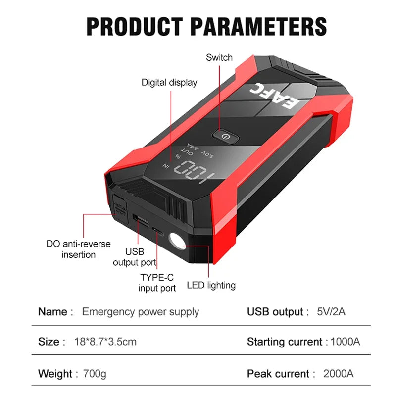 2000A Portable MultiFunction Emergency Booster Car Emergency Mobile Power Battery Charger 12V Car Jump Starter Gasoline Diesel