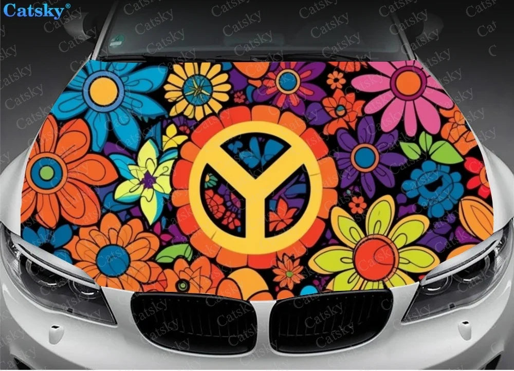 Hippie Vibes Retro Peace Signs Car Hood Vinyl Stickers Wrap Vinyl Film Engine Cover Decals Sticker on Car Auto Accessories