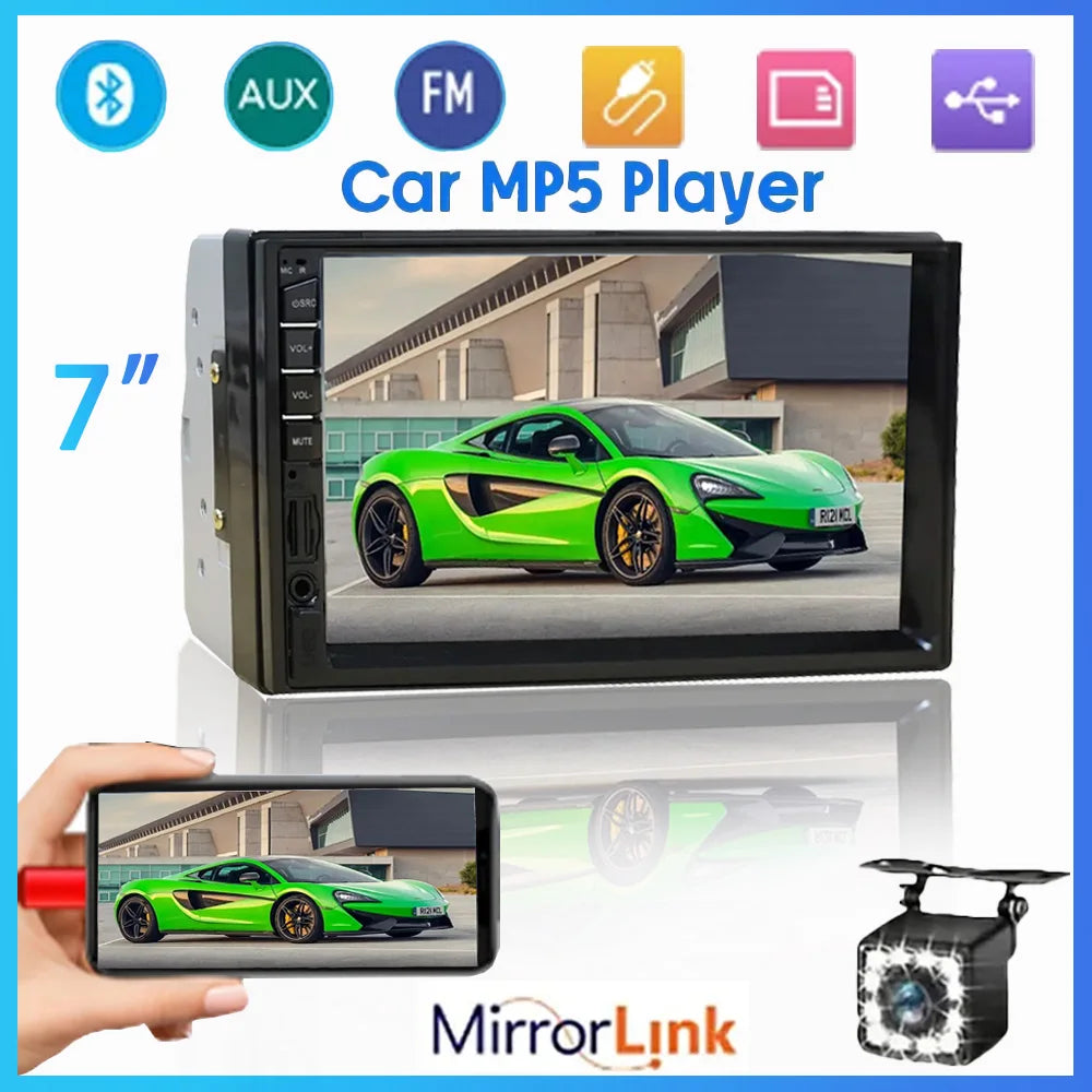 7" Car Radio HD Touch Screen Stereo Bluetooth 12V 2 Din FM Power Aux Input Auto MP5 Player SD USB