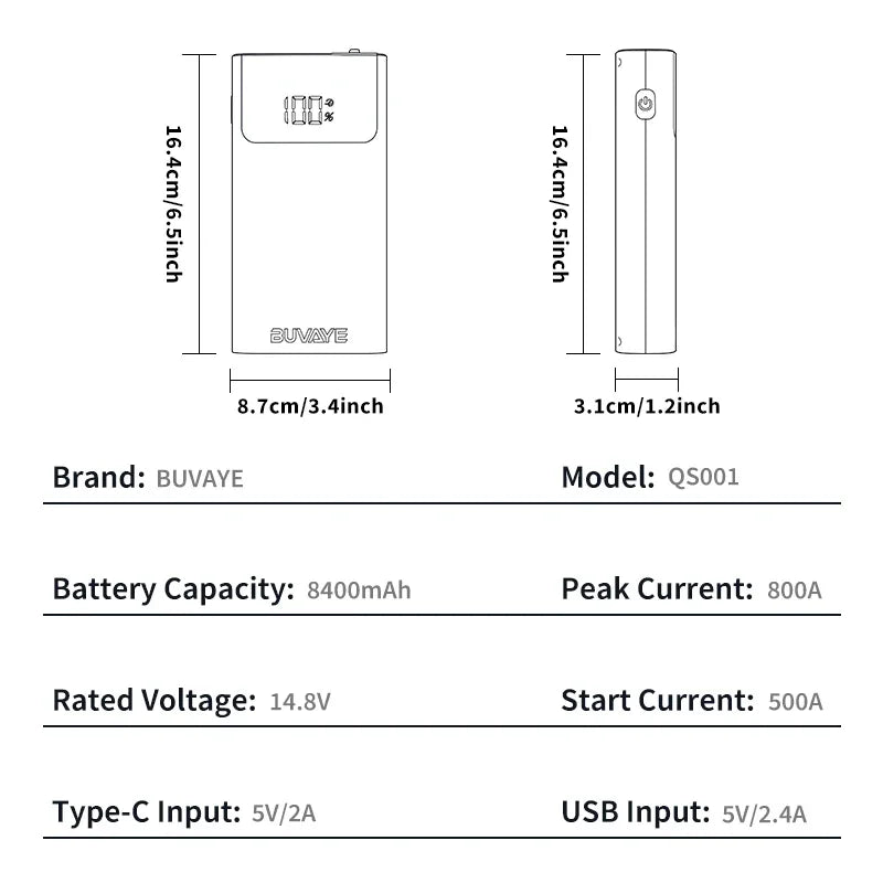 BUWEI 3 In 1 Car Jump Starter Power Bank LED Lighting Portable Car Battery Booster Small Battery Starter Device For 12V Cars