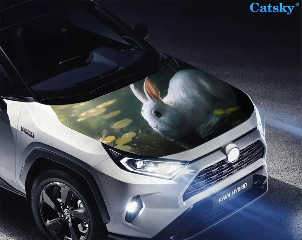 Cute White Rabbit Fluffy Bunny Car Hood Vinyl Stickers Wrap Vinyl Film Engine Cover Decals Sticker on Car Auto Accessories