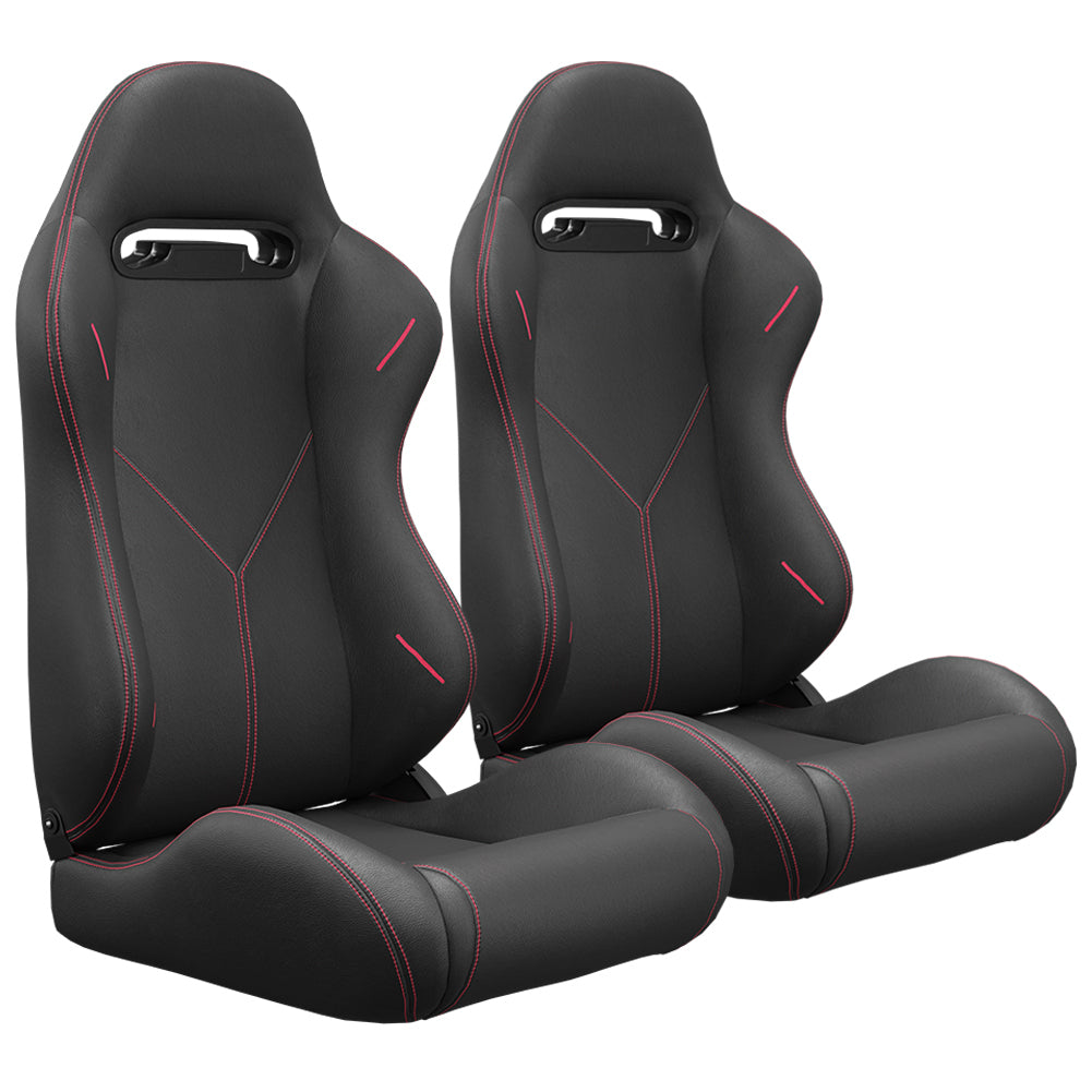 2PC Universal Bucket Racing Seats Red Stitch Red PVC Leather Reclinable Carbon Look Leather Back With Adjustor Slider(Not Including Seat Bracket ) 1 box of 2 pieces