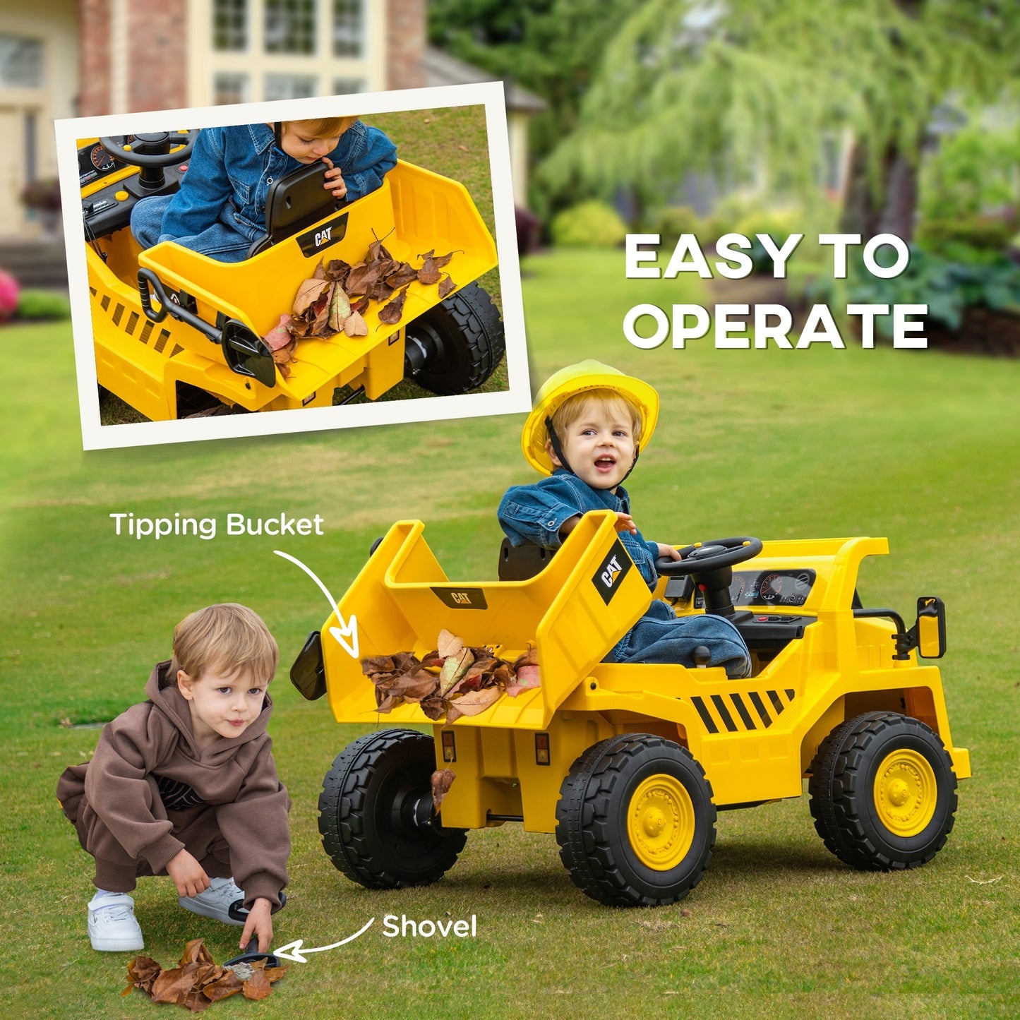 Qaba 12V Ride on Dump Truck with Parental Remote, Caterpillar Licensed Kids Excavator with Bucket, Shovel, Music, Loudspeaker, Headlights, Ride on Construction Vehicles for Ages 3-6, Yellow