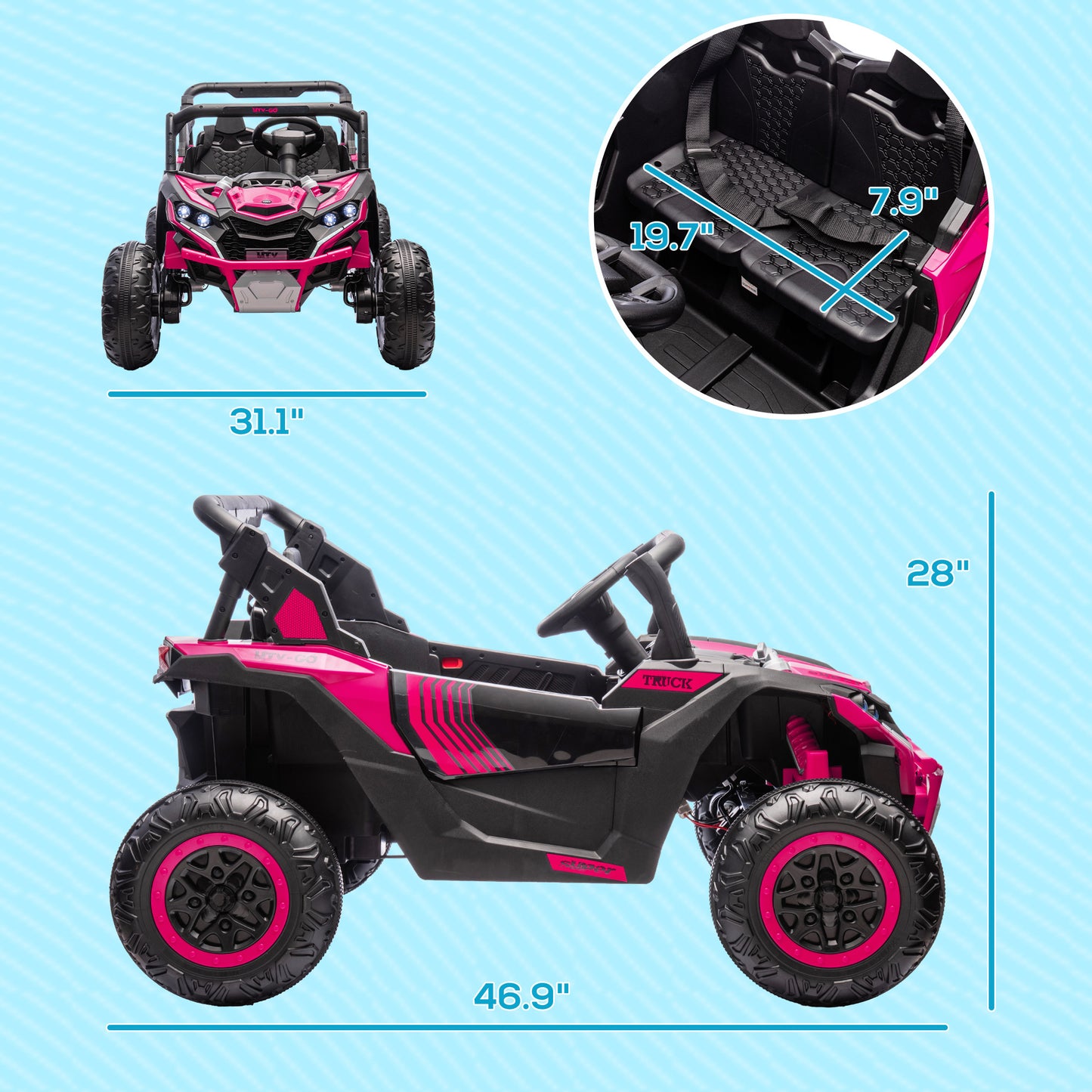 Qaba 24V 7AH Ride on UTV, 2 Seater 4MPH Kids Electric Car Ride on Battery Powered Toy with 4 Shock Absorbers, Music Horn and LED Lights, for Toddlers 3-8 Years, Pink