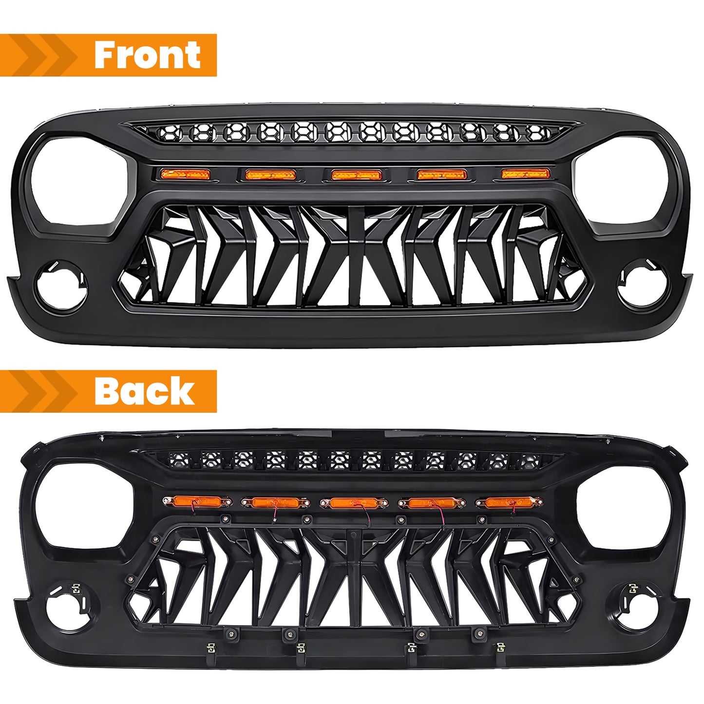 Front Matte Black Shark Grille Replacement Grill For Wrangler JK 2007-2018 with LED Lights