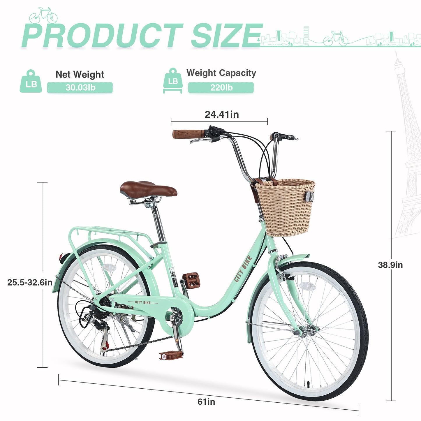 7 Speed City Bike With Basket , Steel Frame,Multiple Colors 22 Inch Girls Bicycle