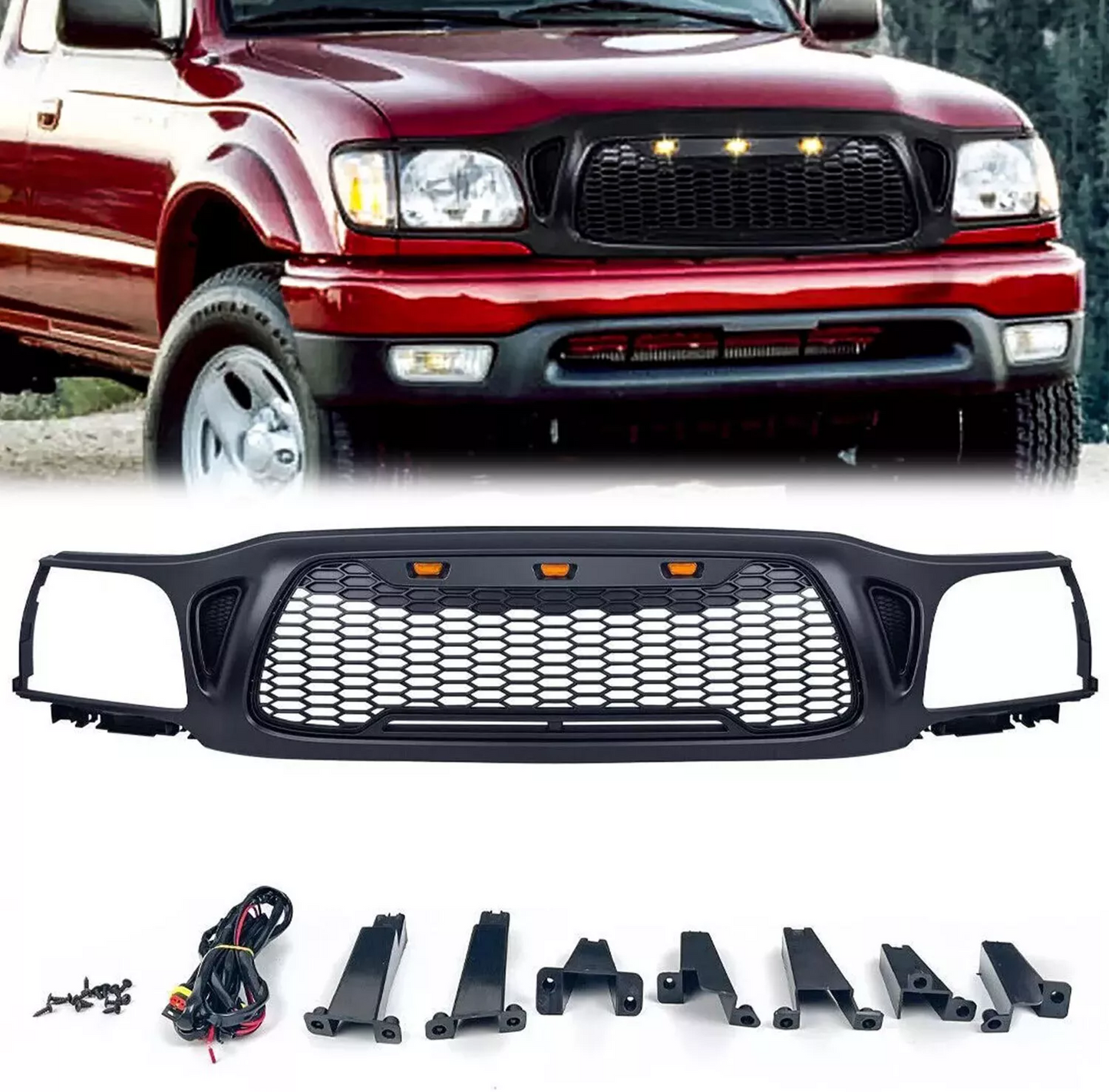 Front Grille fits for Tacoma 2001 2002 2003 2004 With Light Letters Matte Black radiatormesh