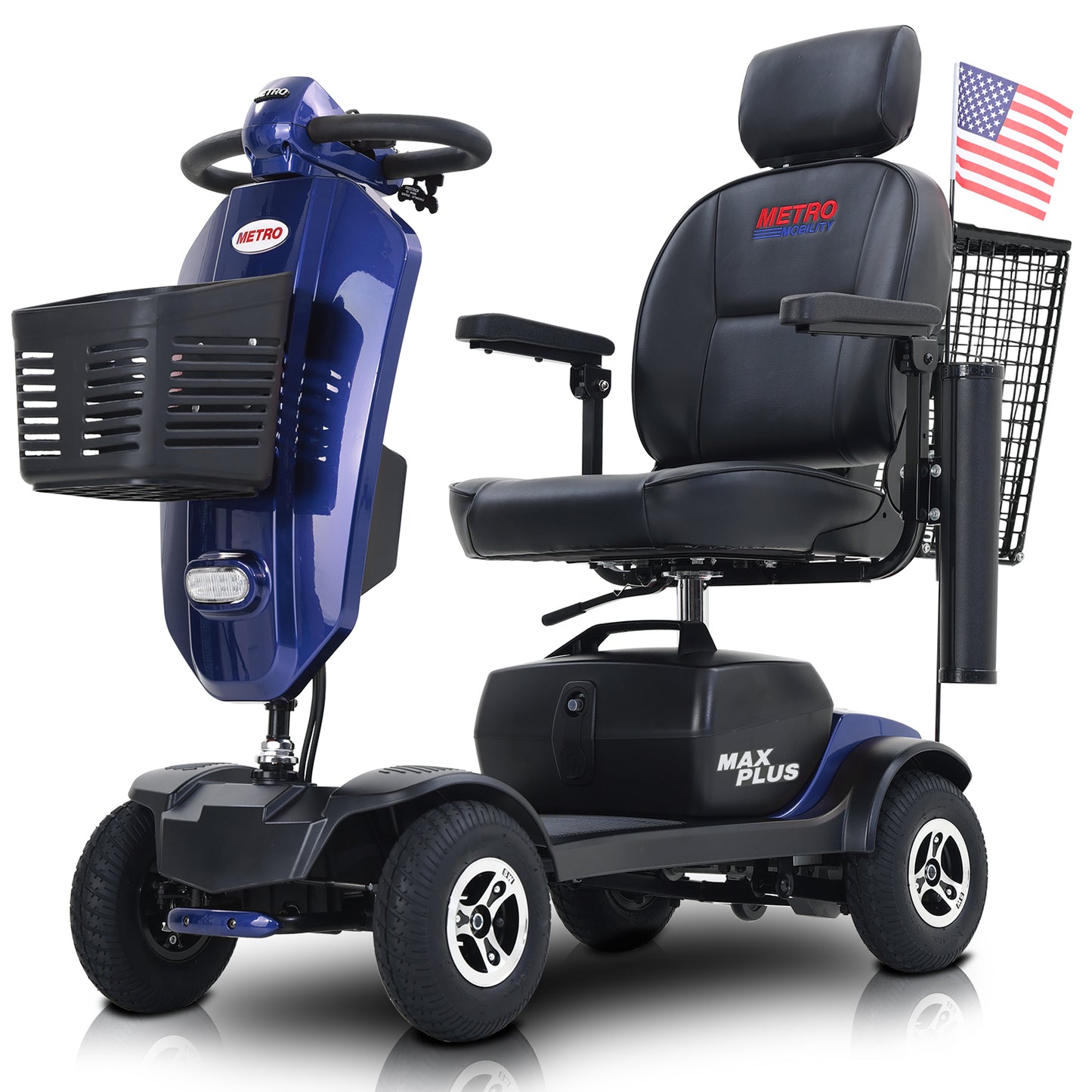 MAX PLUS BLUE 4 Wheels Outdoor Compact Mobility Scooter with Rear Basket,16 Miles, Cup Holders & USB charger Port