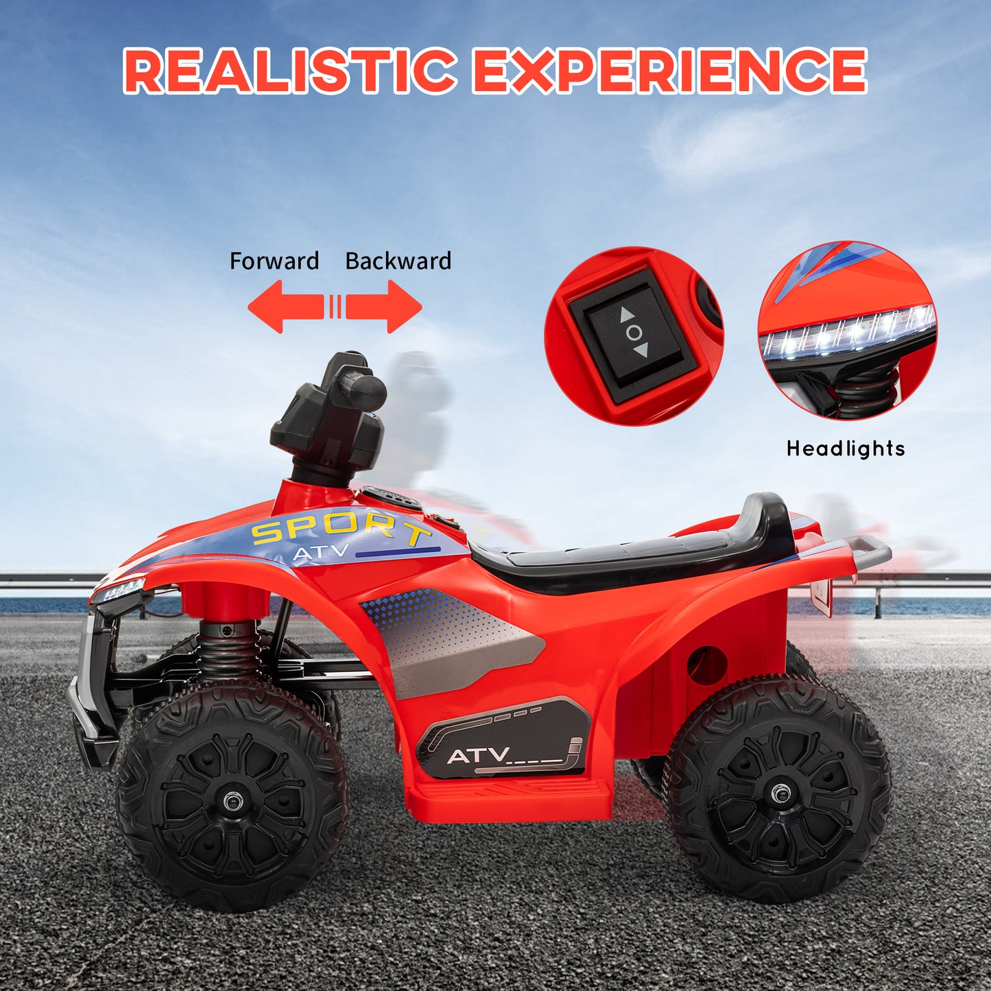 Qaba Kids ATV Quad, 6V Ride On Toy with 1.6MPH Max Speed, Rechargeable Battery, 4 Wheeler Battery Powered with Lights, Forward & Reverse for Toddlers, Red