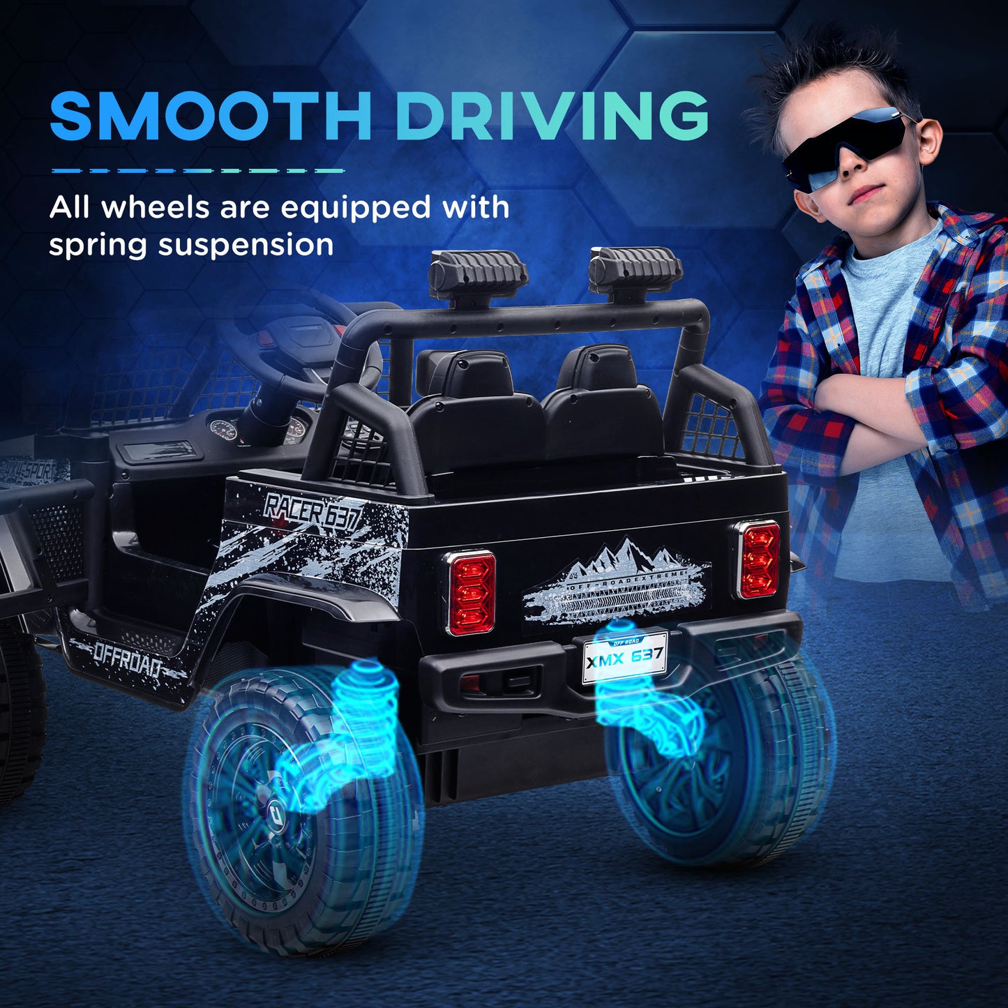 Qaba 12V Ride on Truck, Battery Powered Kids Electric Car with Parent Remote, 4 Suspension Wheels, 3 MPH Max Speed, Music, Horn & LED Lights for Ages 3-6 Years Old, Black