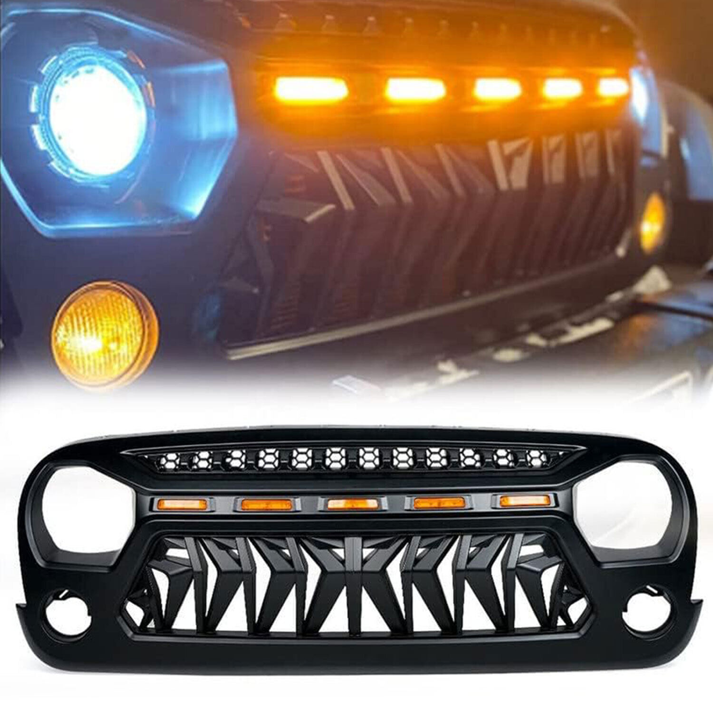 Front Matte Black Shark Grille Replacement Grill For Wrangler JK 2007-2018 with LED Lights