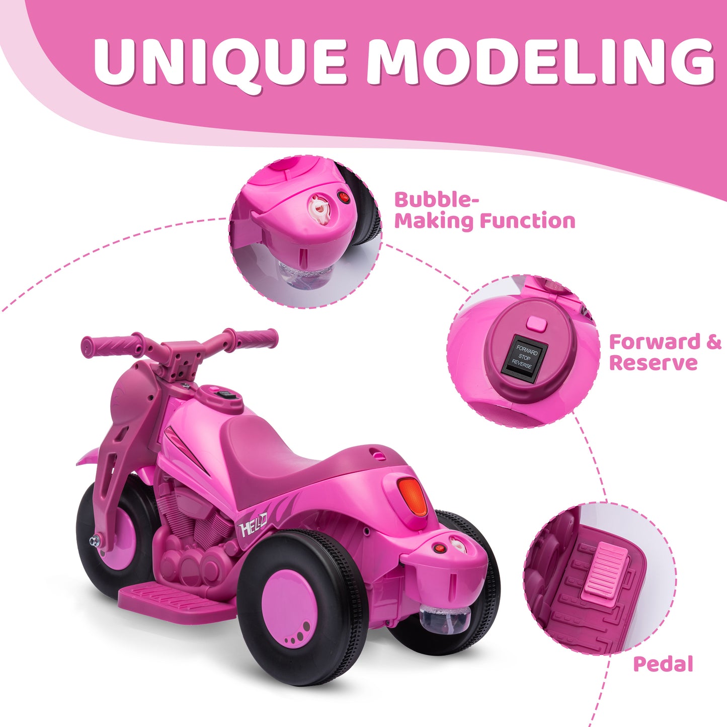 Qaba Ride on Bubble Car, 6V Kids Motorcycle, 3 Wheeled 2 MPH Electric Motorbike for Toddler with LED Headlight, Music, Forward & Reserve, Pink