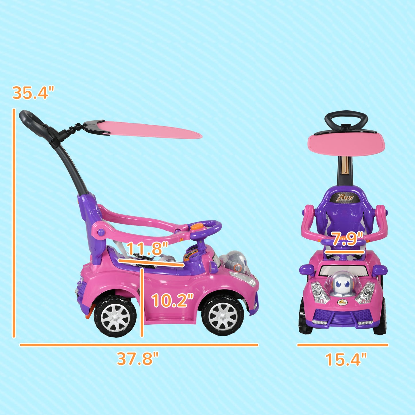 Qaba Push Car for Kids 1-3 Years, 3 in 1 Ride on Sliding Car, Foot to Floor Baby Push Car with Removable Handle, Music, Horn, Canopy, Safety Guardrail for Boys and Girls, Pink