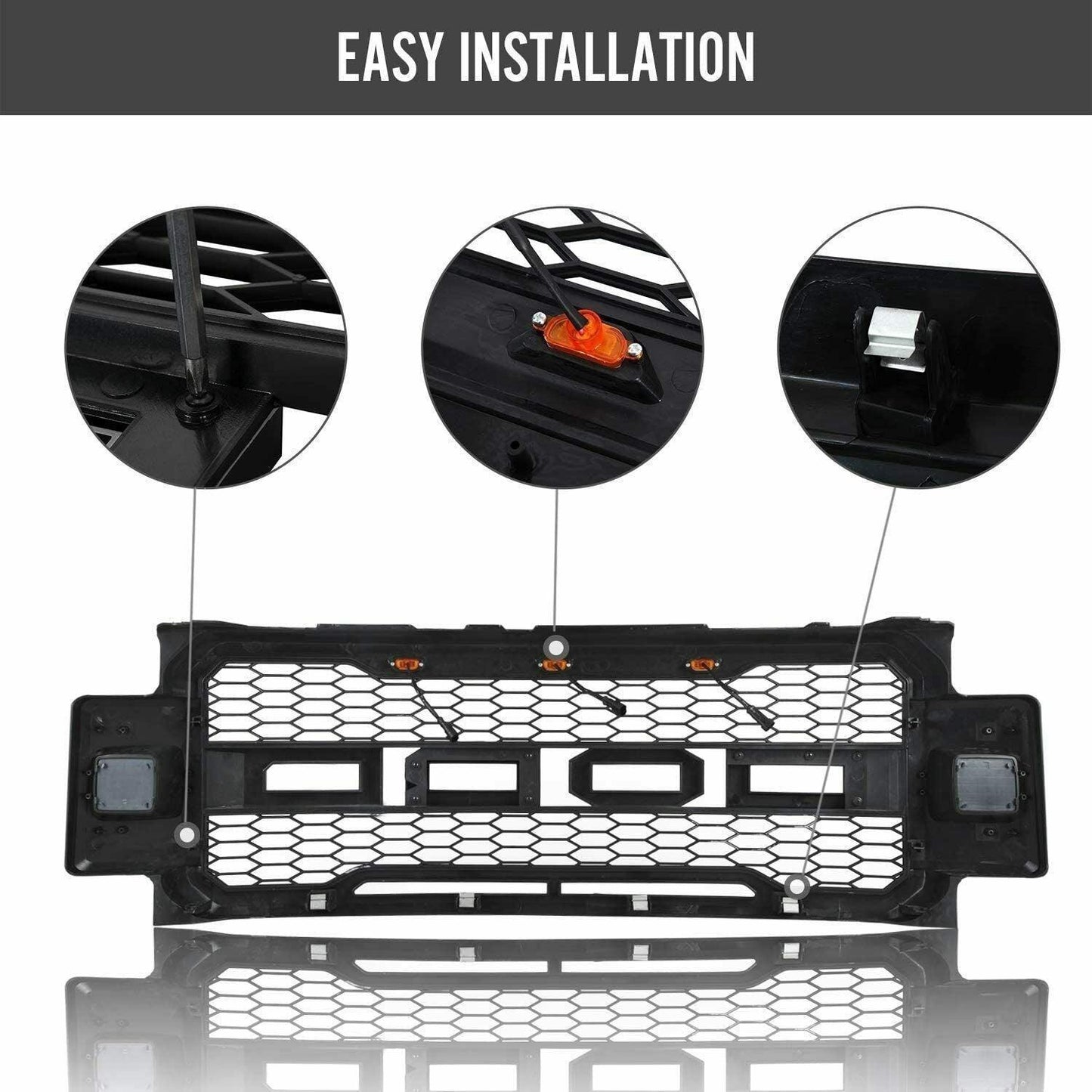 Front Grille For 2017 2018 2019 Ford f250 f350 Super Duty Raptor Grill W/LED Lights & Letters Matte Black
