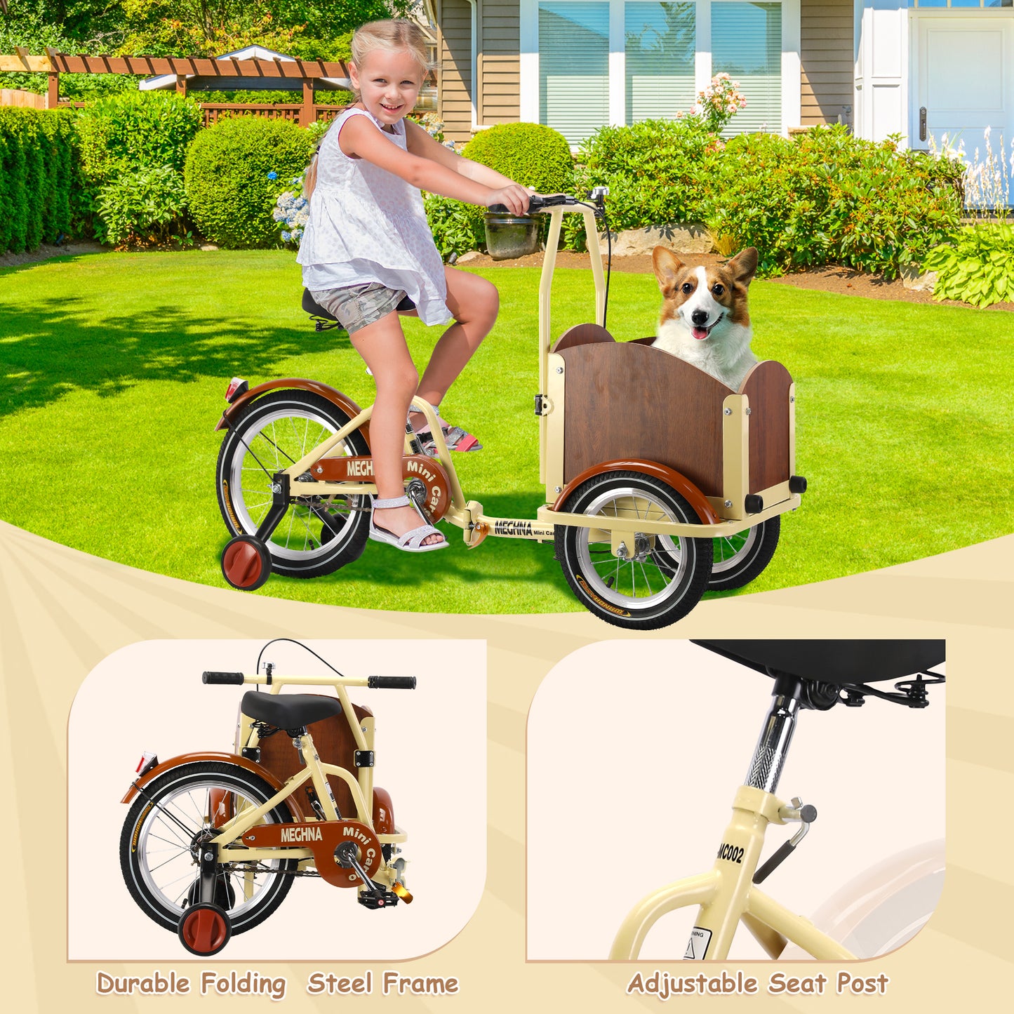 Foldable Tricycle for Kids Ages 6-12,Mini Cargo Bike,Pet Bike,Reverse Tricycle,Outdoor Parent-Child Bike for travel,With Cargo Basket and Training Wheels.