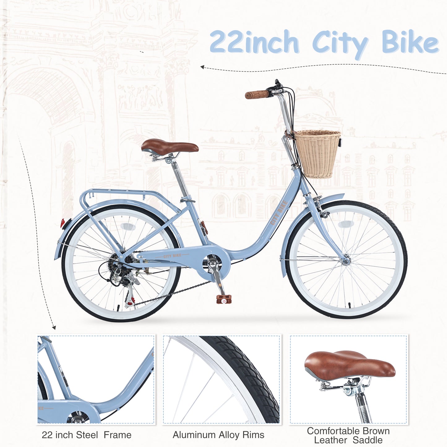 7 Speed City Bike With Basket , Steel Frame,Multiple Colors 22 Inch Girls Bicycle