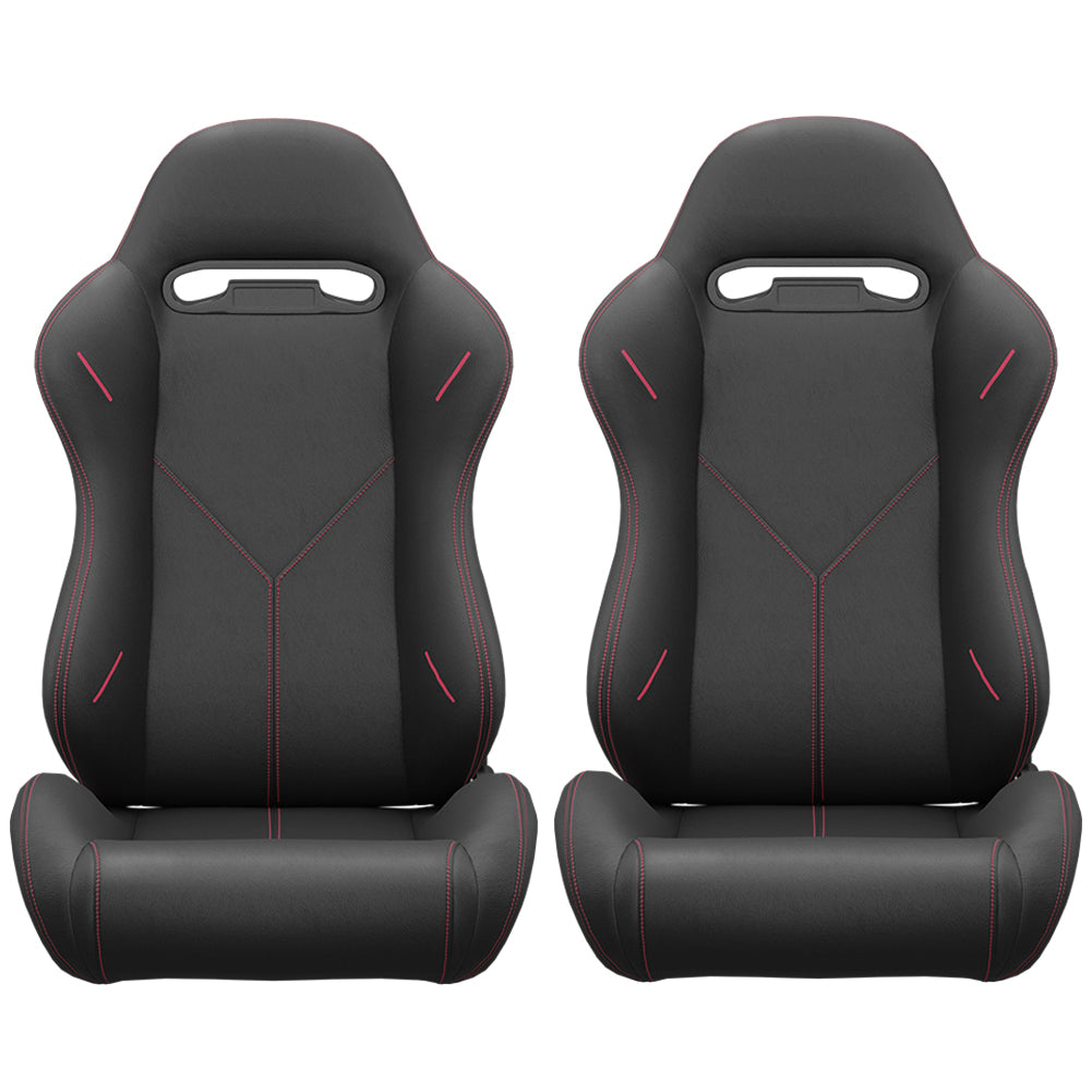 2PC Universal Bucket Racing Seats Red Stitch Red PVC Leather Reclinable Carbon Look Leather Back With Adjustor Slider(Not Including Seat Bracket ) 1 box of 2 pieces