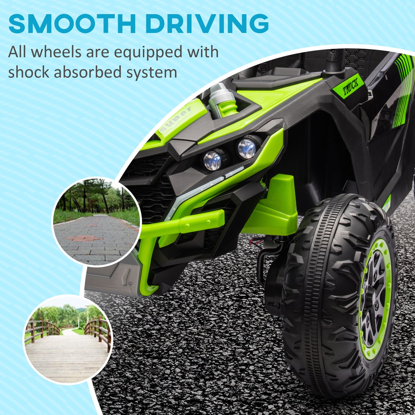 Qaba 24V 7AH Ride on UTV, 2 Seater 4MPH Kids Electric Car Ride on Battery Powered Toy with 4 Shock Absorbers, Music Horn and LED Lights, for Toddlers 3-8 Years, Green