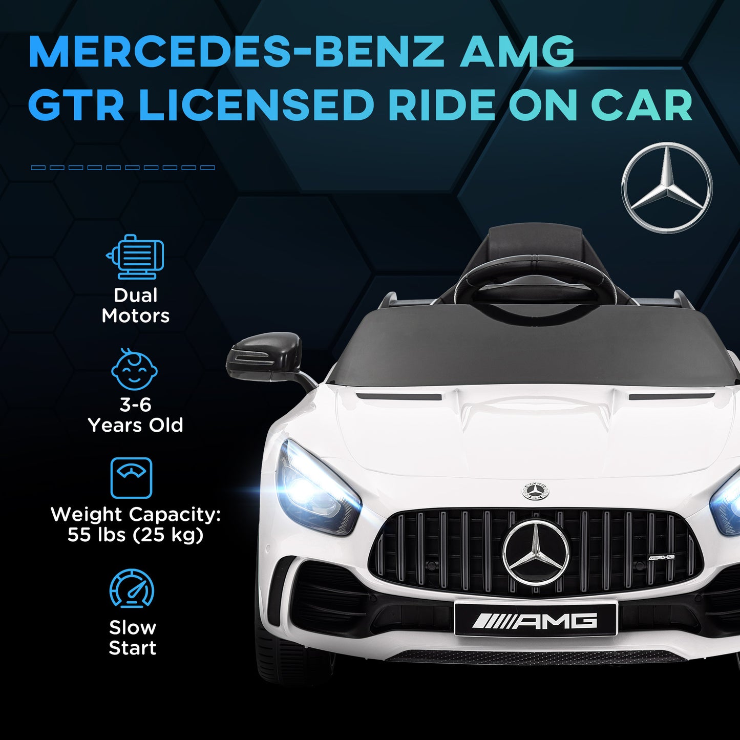 Qaba Mercedes-Benz AMG GTR Licensed 12V Kids Ride on Car, Battery Powered Kids Electric Car with Remote Control, Transport Wheels, Soft Start, Lights, Music, Horn & 3 Speeds for 3-6 Years, White