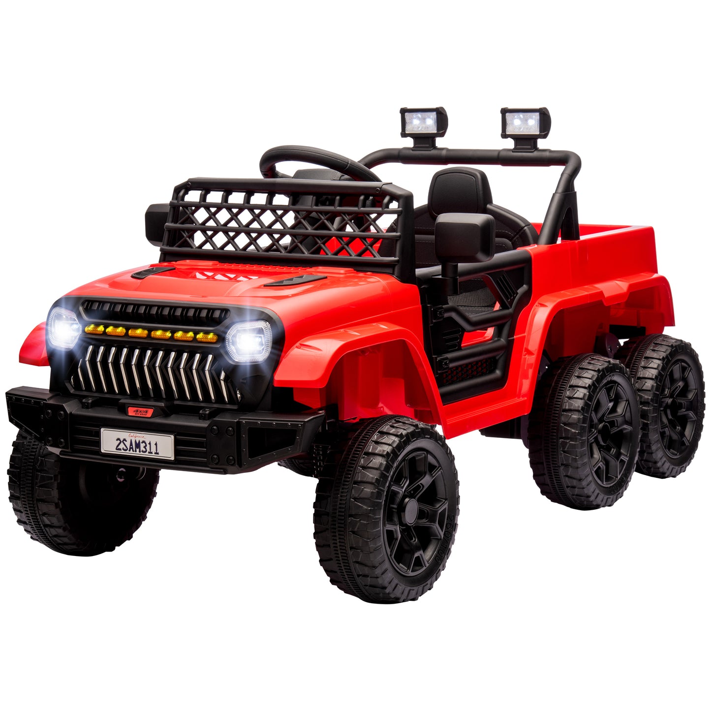 Qaba 12V 4x4 Kids Ride on Truck with Back Trailer, 2WD/4WD Switchable Kids Electric Car with Parent Remote Control, Spring Suspension System, Soft Start, Music, LED Light, Horn, Red