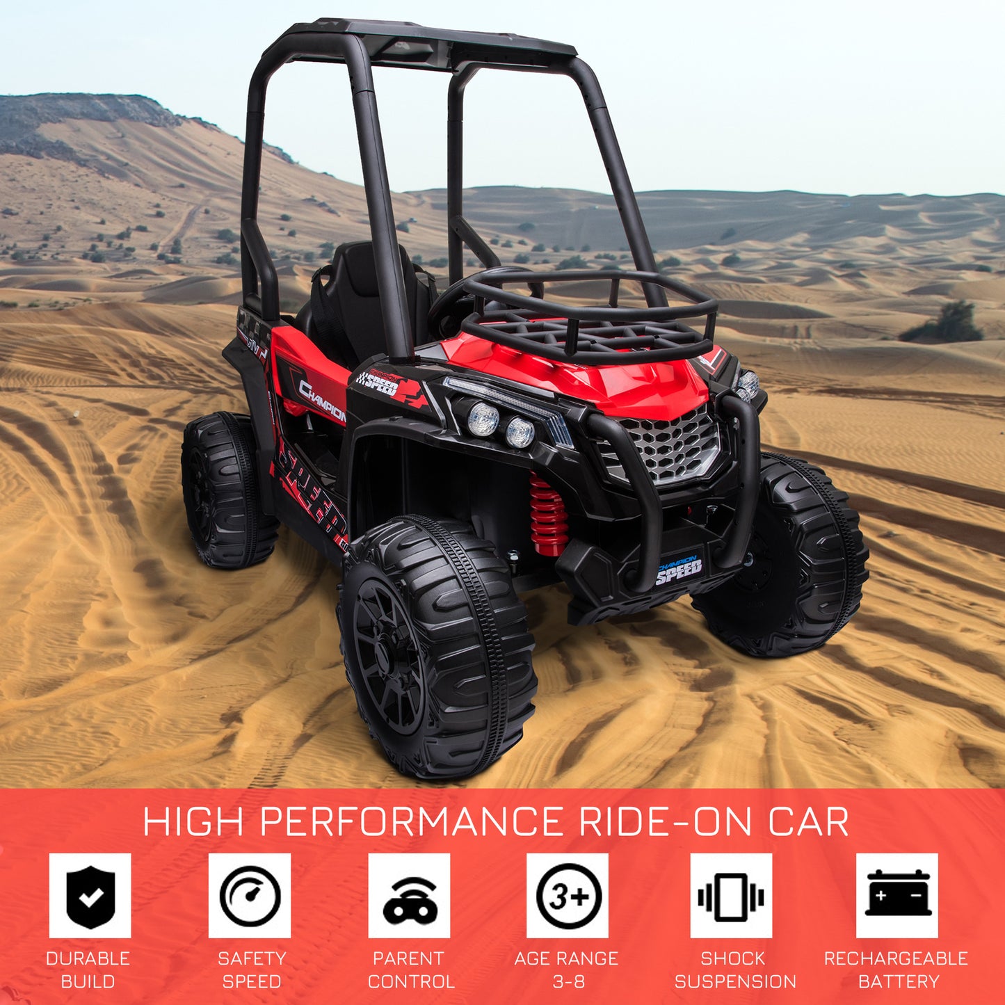 12V Dual Motor Kids Electric Ride-on UTV Toy, Batter Powered Truck with Forward and Reverse Function, Headlights, MP3/USB Music Connection, Suspension, & Remote Control, Red