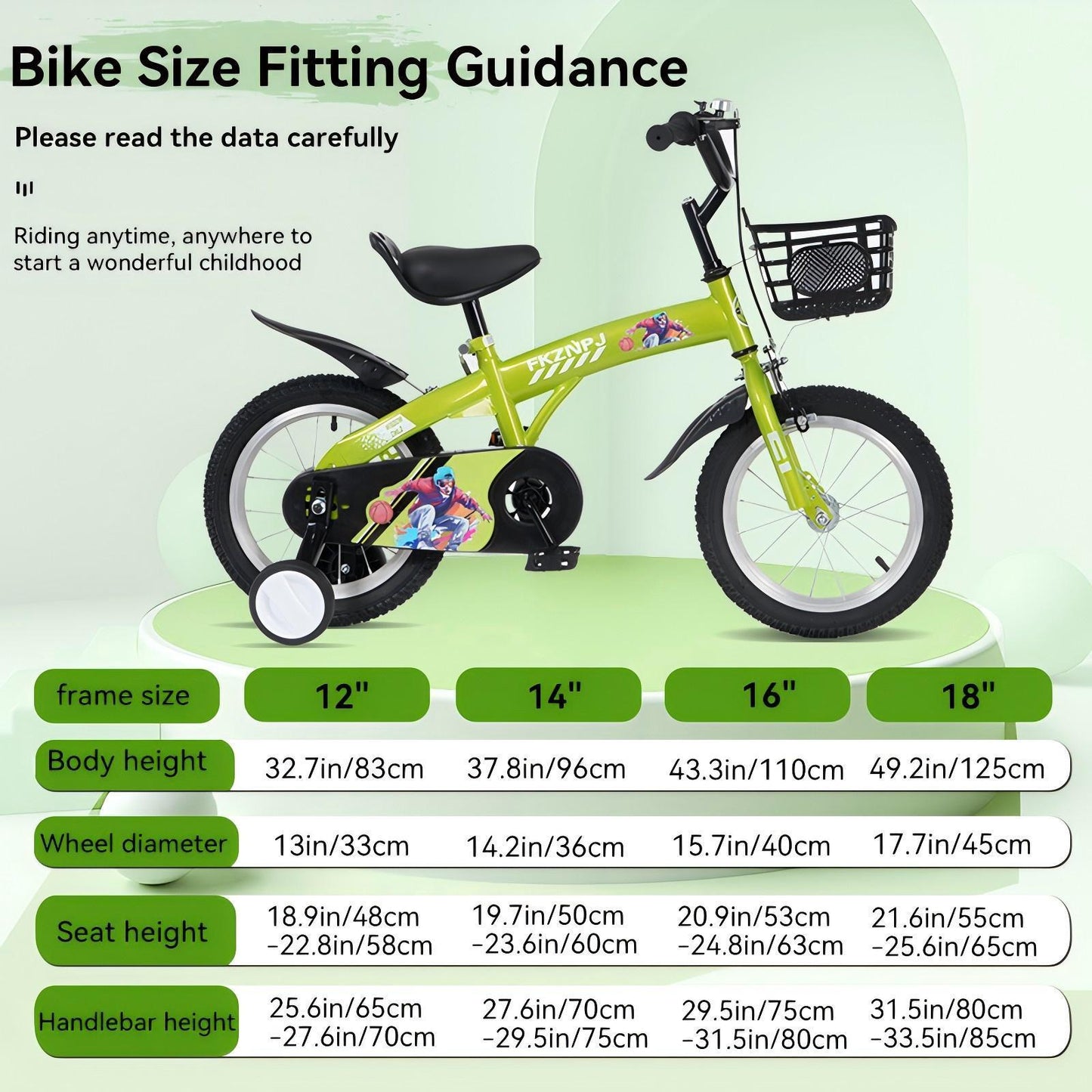 FKZNPJ 18 inch sporty kids bike with training wheels and stand Adjustable saddle Suitable for boys and girls aged 5-10 years tall Height 45-57 inches Available in a variety of colors
