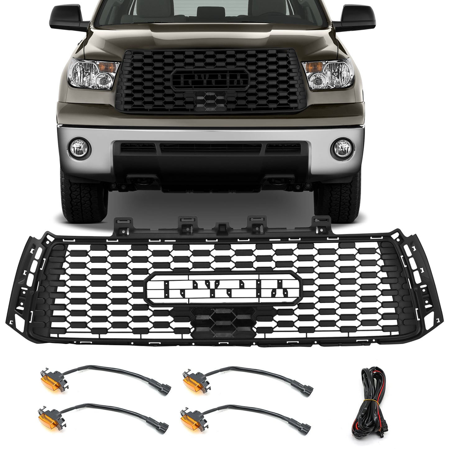 Front Grille with Amber LED Lights Compatible with Toyota Tundra 2010 2011 2012 2013, Matte Black, Cellular Sharp