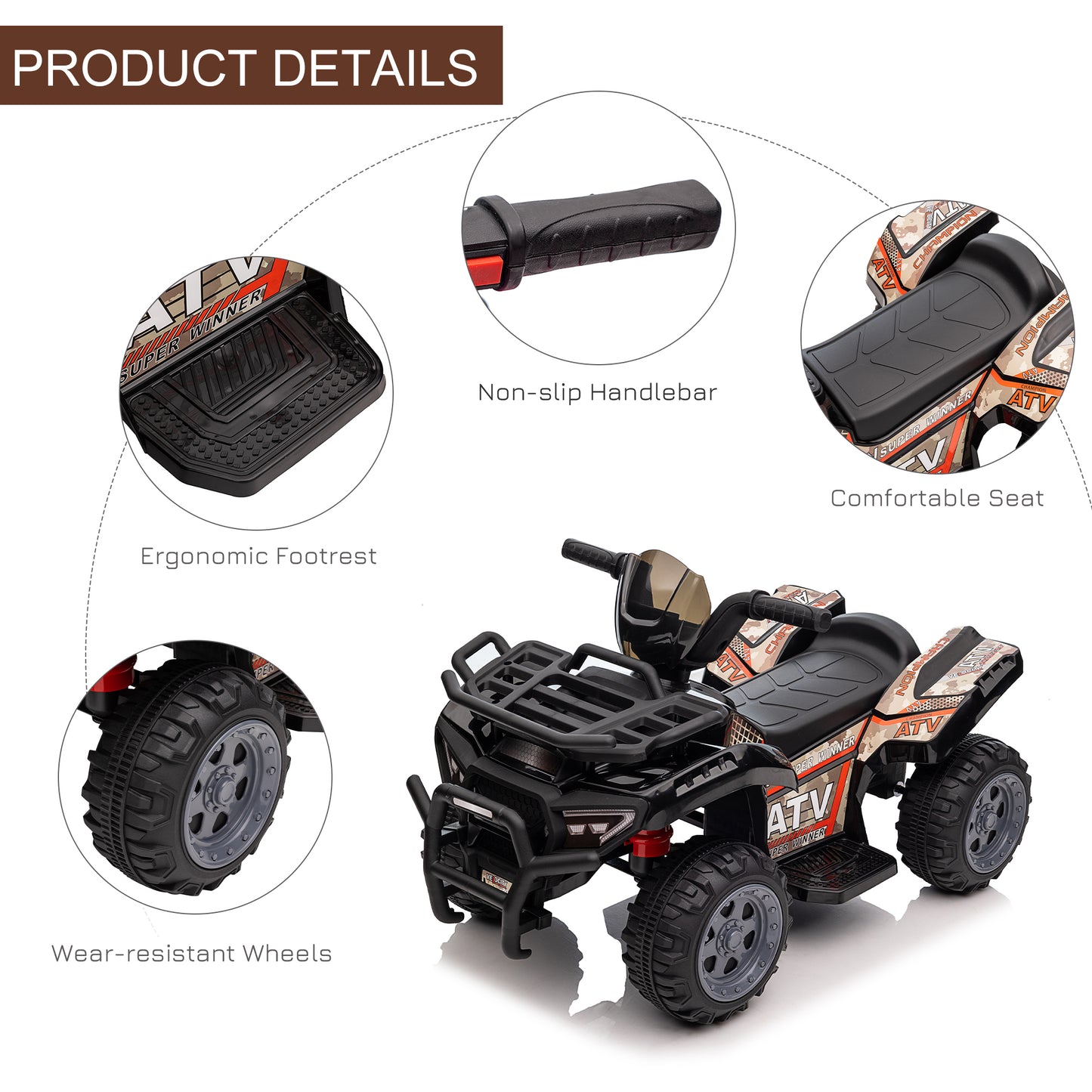 Kids ATV Four Wheeler Ride on Car, Motorized Quad, 6V Battery Powered Electric Quad with Songs for 18-36 Months, Black