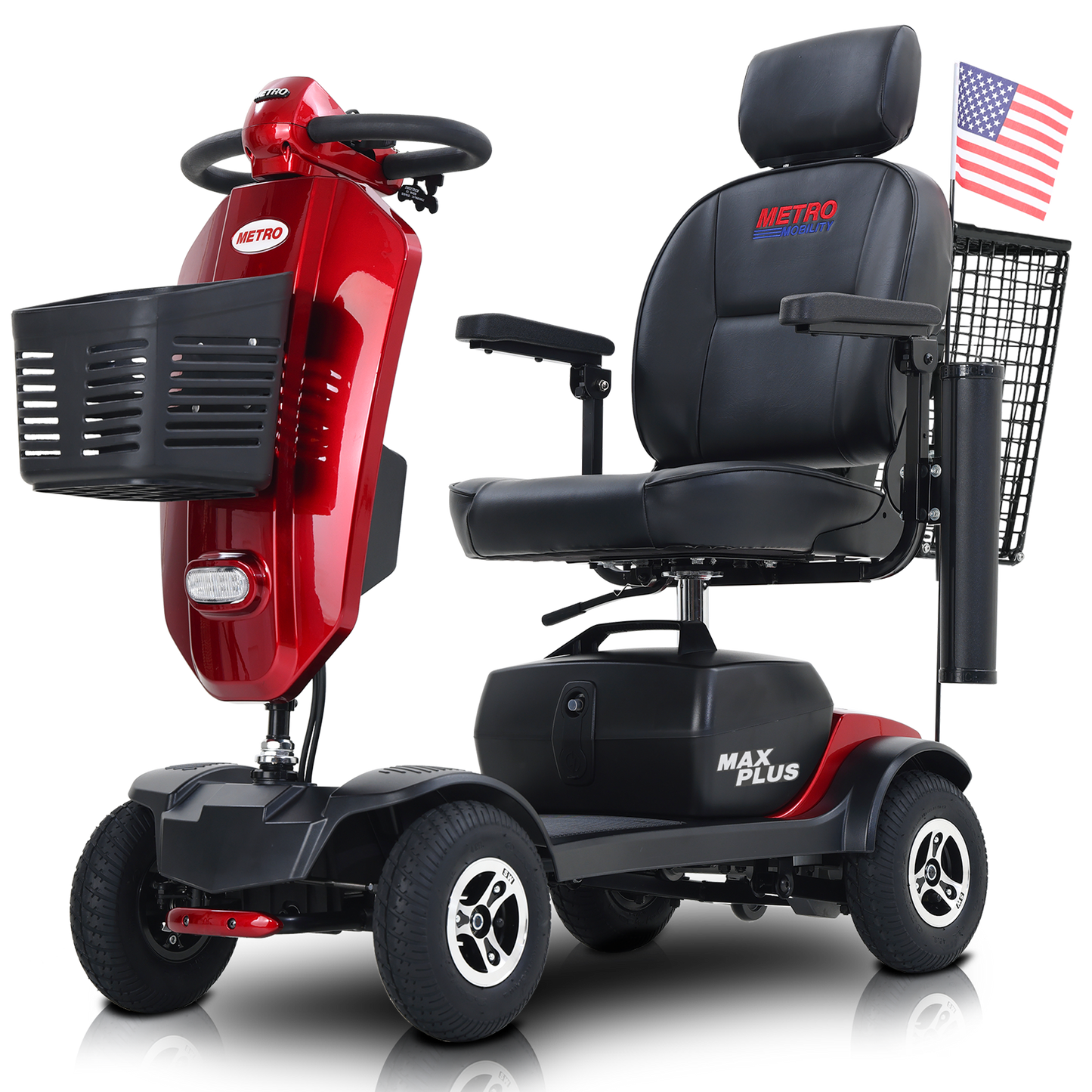 MAX PLUS RED 4 Wheels Outdoor Compact Mobility Scooter with Rear Basket,16 Miles, Cup Holders & USB charger Port