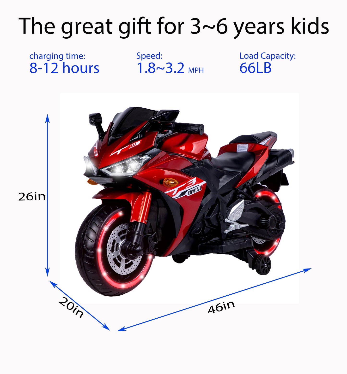 kids motorcycle 12V motorcycle for kids 3 4 5 6 years Boys Girls 12v7ah kids motorcycle ride on toy with Training Wheels/manual throttle/ drive by hand /Lighting wheels