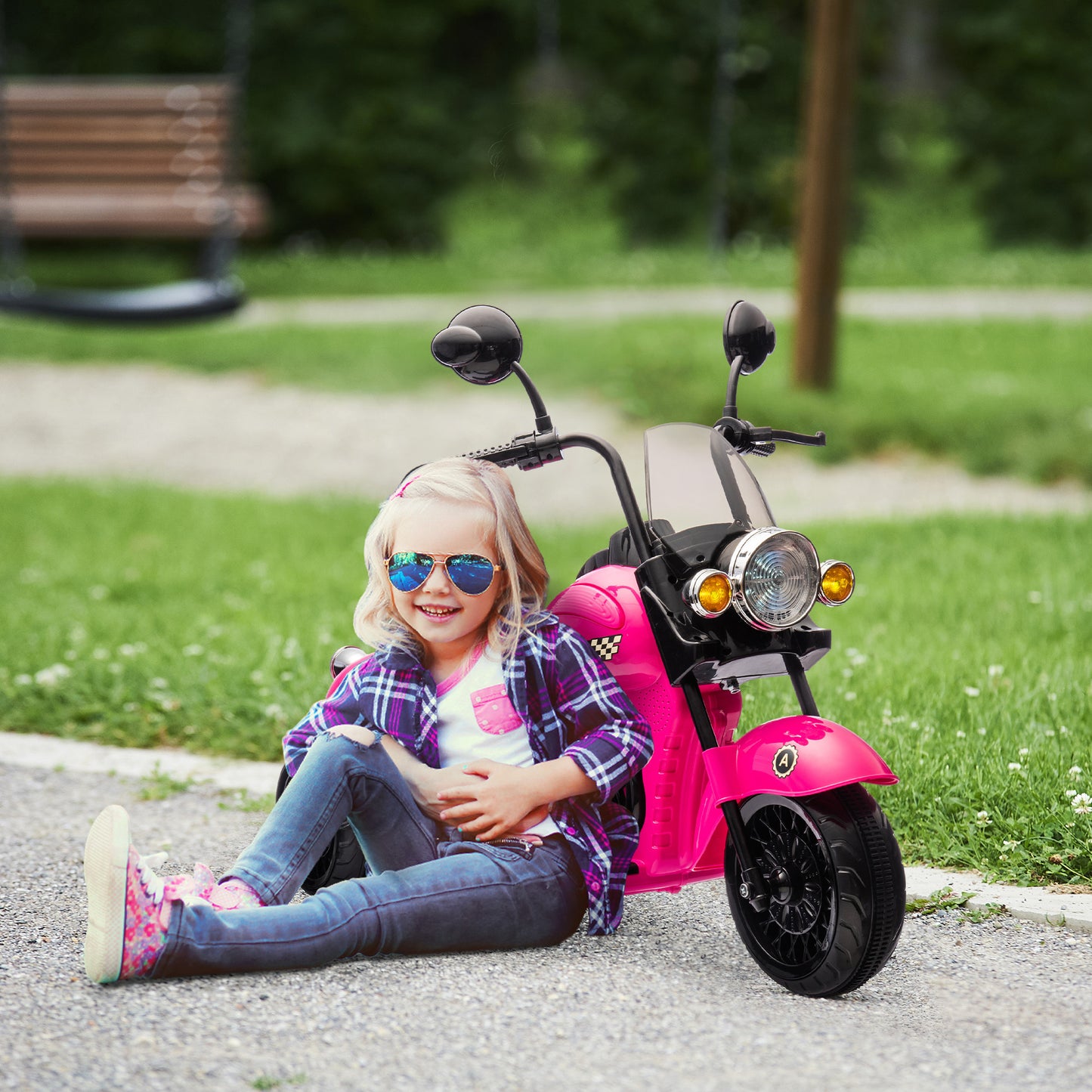 Qaba Electric Motorcycle for Kids, 3 Wheel 6V Battery Powered Chopper Motorbike, Ride on Motorcycle with Headlights, Music, Forward & Reverse for Boys and Girls Ages 3-6 Years, Pink