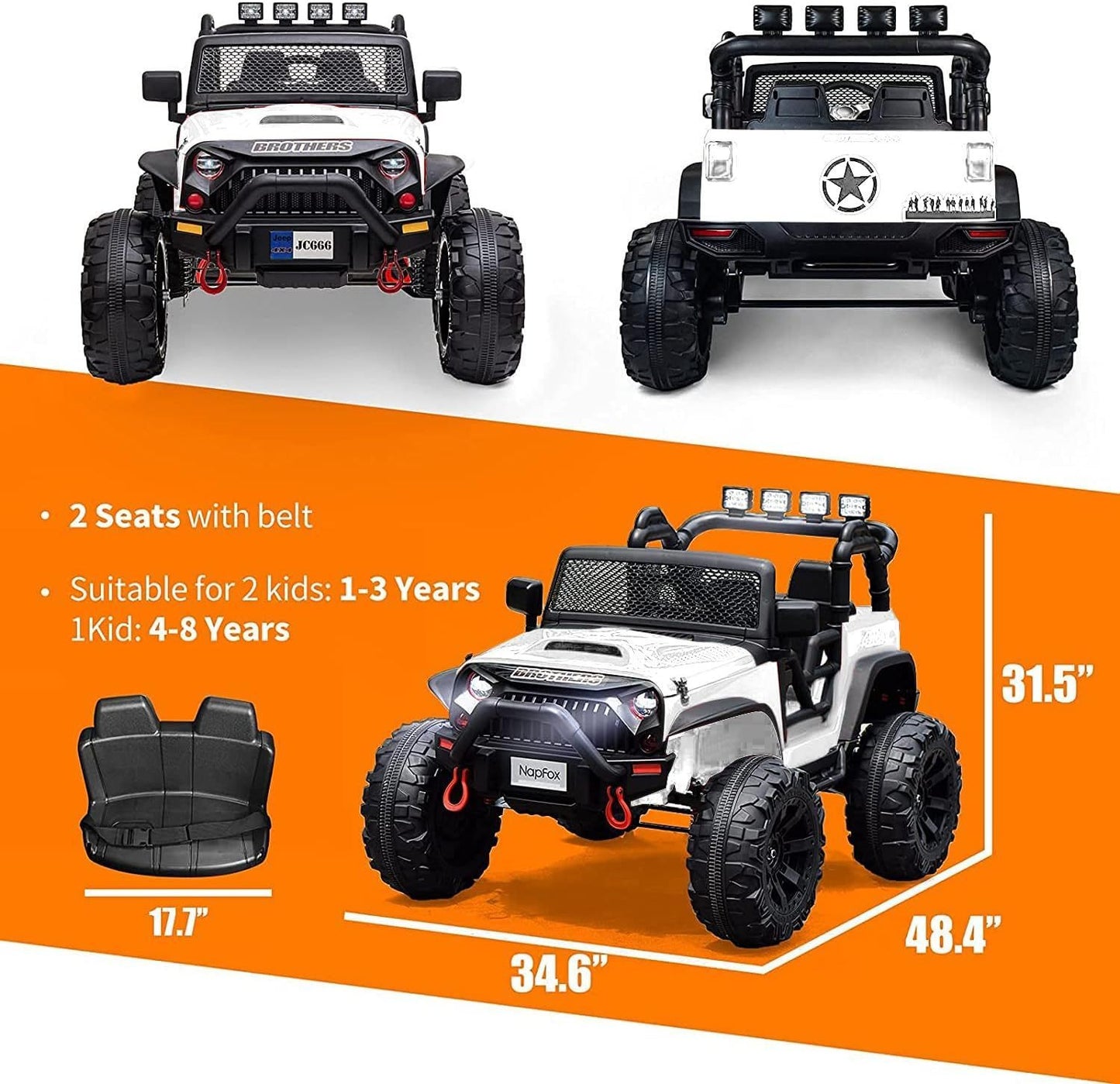 24V Ride on Car Truck with Remote Control, 2 Seater Kids Electric Car, Spring Suspension, 9Ah Battery Powered, 3 Speeds, Double Doors, Music Player