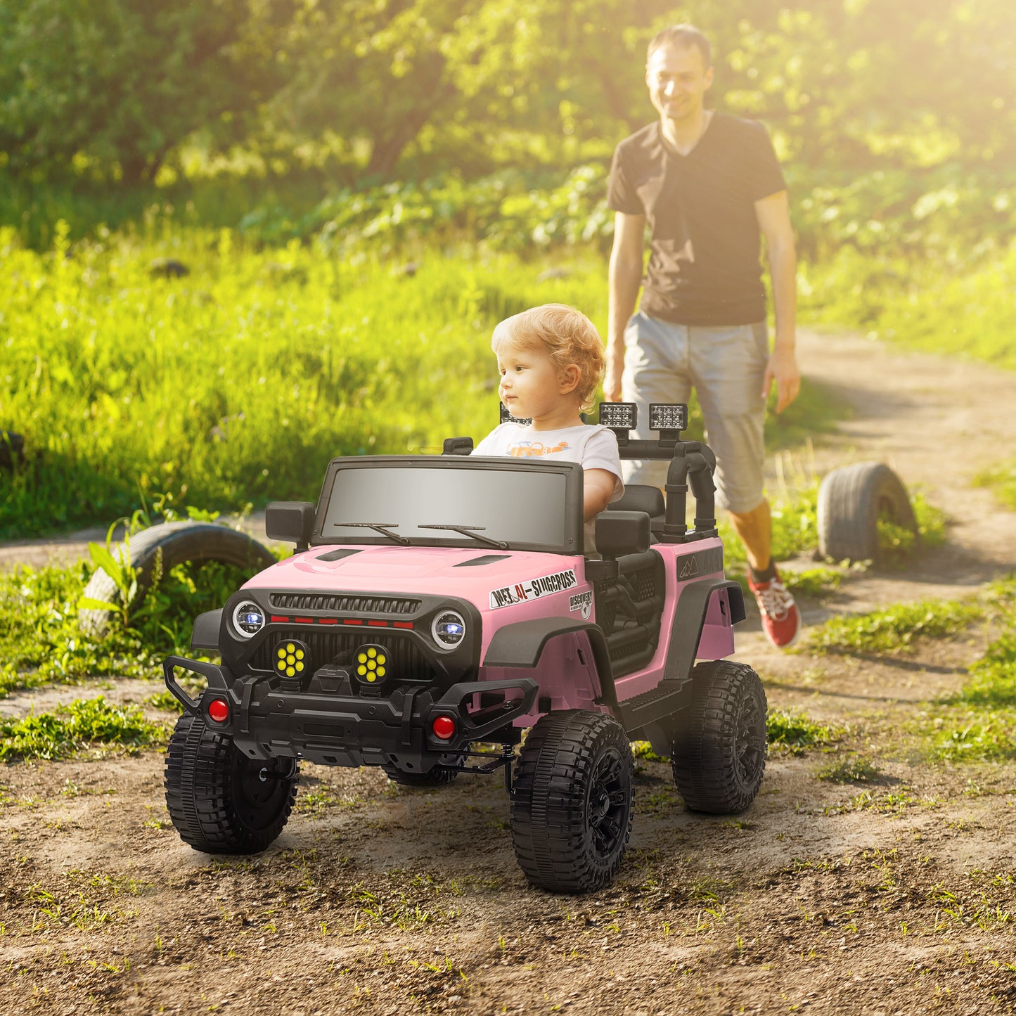 Qaba 12V Ride on Truck, Electric Car for Kids, Battery Powered Ride on Car, Parent Remote, 4 Suspension Wheels, Music Horn LED Lights, Pink