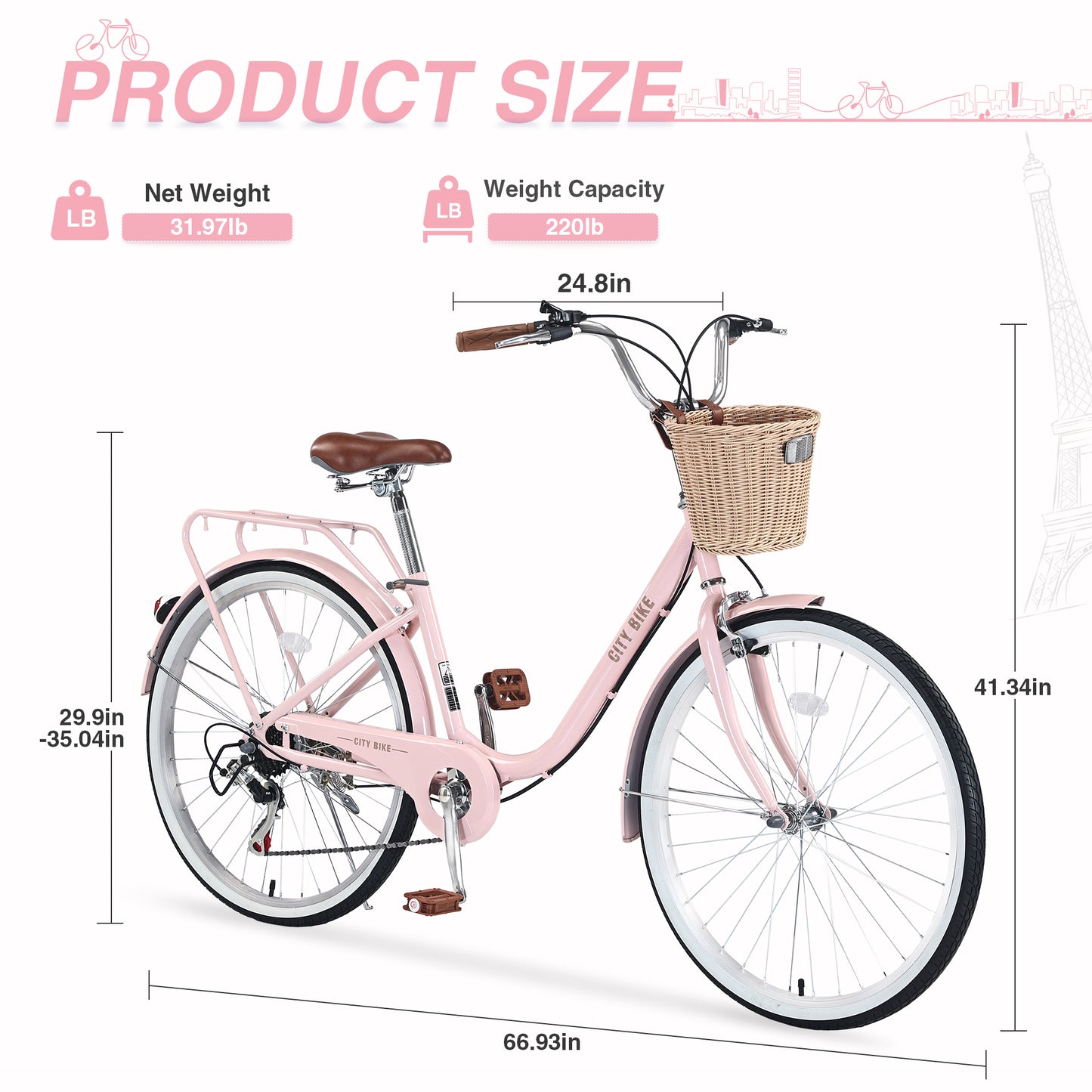 7 Speed City Bike With Basket , Steel Frame,Multiple Colors 26 Inch Girls Bicycle