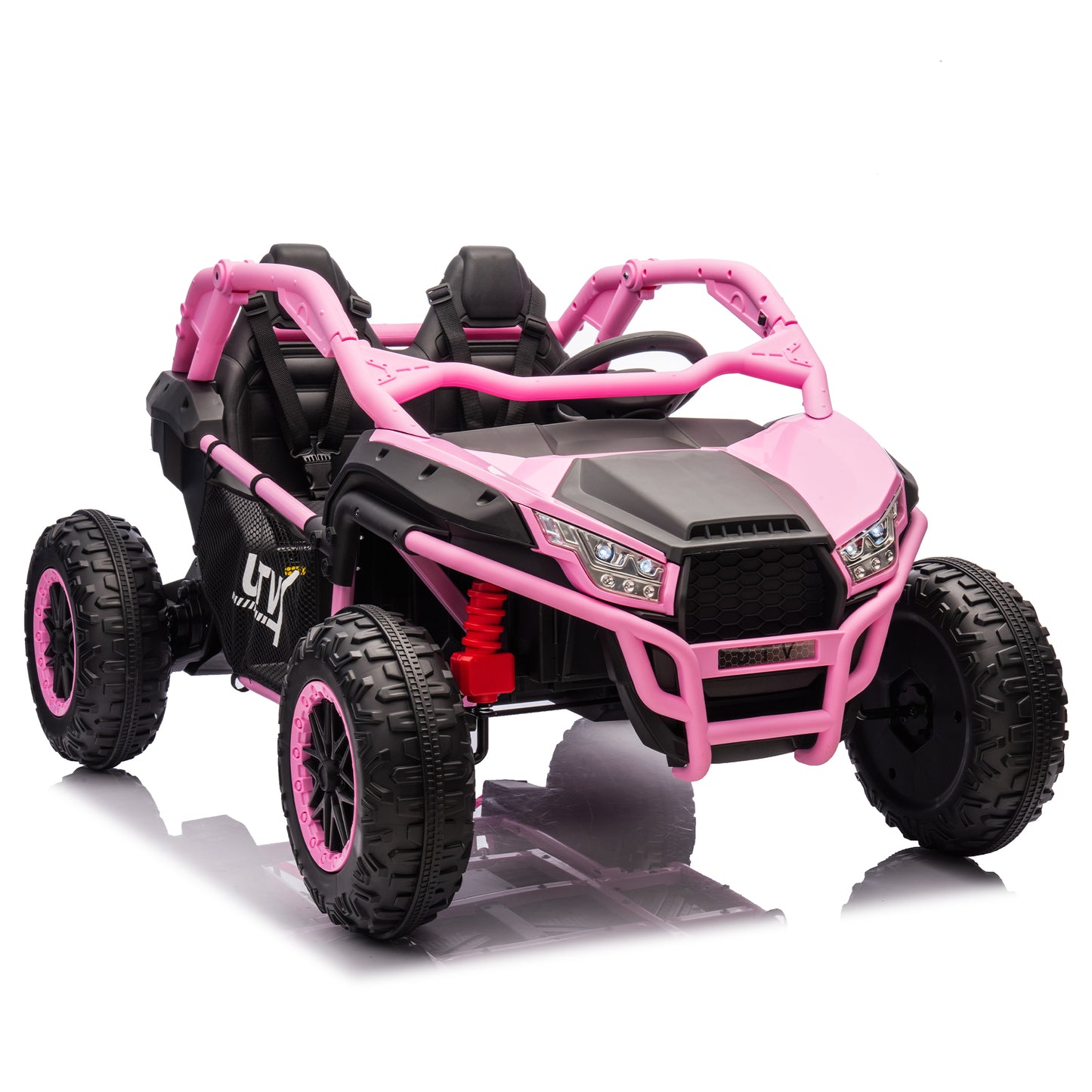 24V Two-seater Kids Ride On UTV w/Parents Control,20in seat width,400W Super high power,Four-wheel Suspension,Bluetooth,MP3,USB,LED Light,Horn,Rear storage space,Speeds 3.73-4.97MPH For Kids aged 3+.