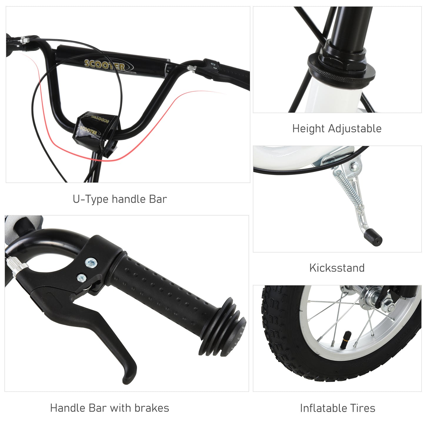 Youth Scooter Front and Rear Caliper Dual Brakes 12-Inch Inflatable Front Wheel Ride On Toy For Age 5+, White