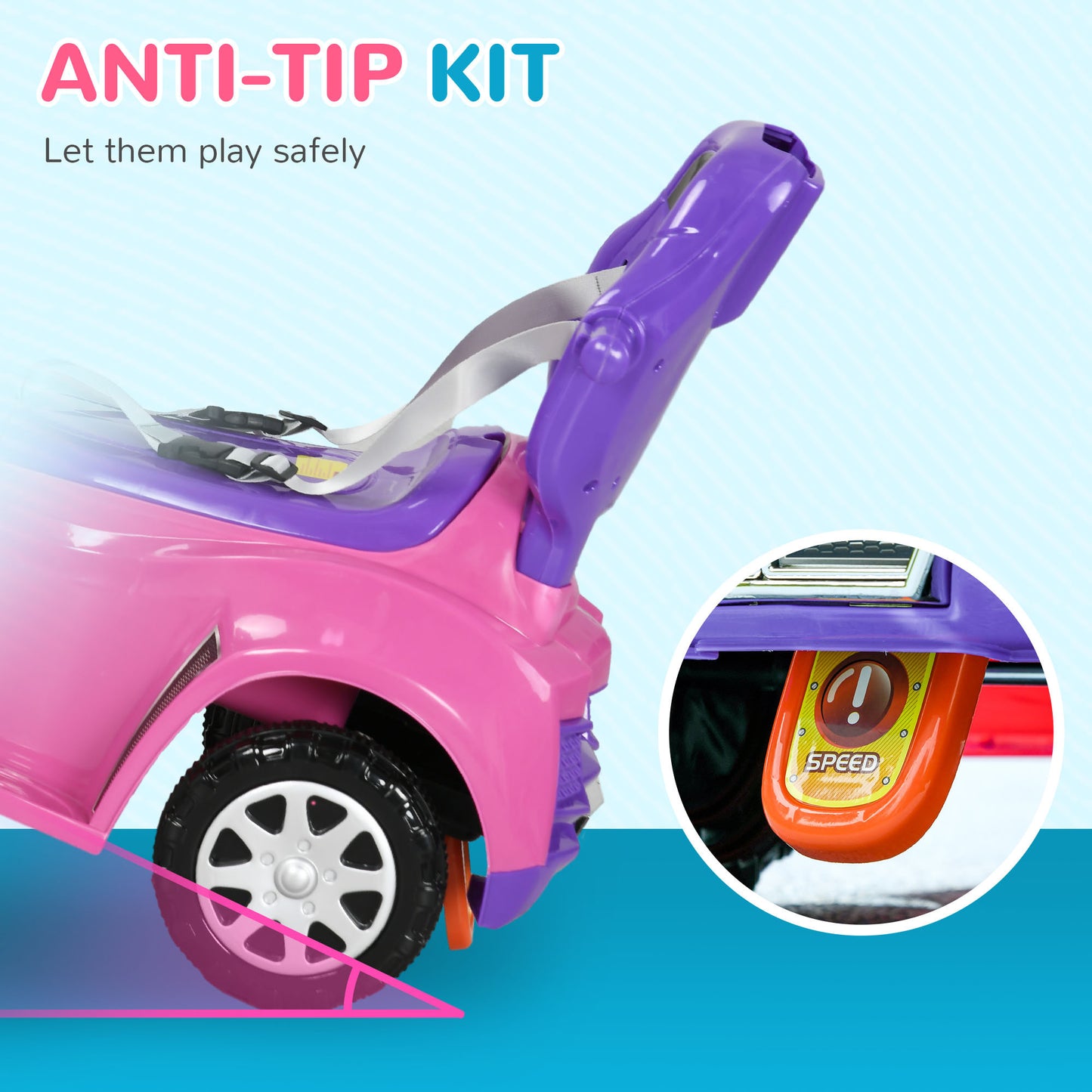 Qaba Push Car for Kids 1-3 Years, 3 in 1 Ride on Sliding Car, Foot to Floor Baby Push Car with Removable Handle, Music, Horn, Canopy, Safety Guardrail for Boys and Girls, Pink