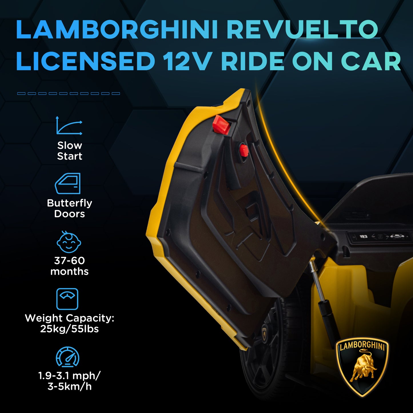 Qaba Lamborghini Revuelto Licensed 12V Kids Electric Car, Battery Powered Ride on Car with Hydraulic Doors, Remote Control, Transport Wheels, Spring Suspension, Music, Lights, 3 Speeds, Yellow
