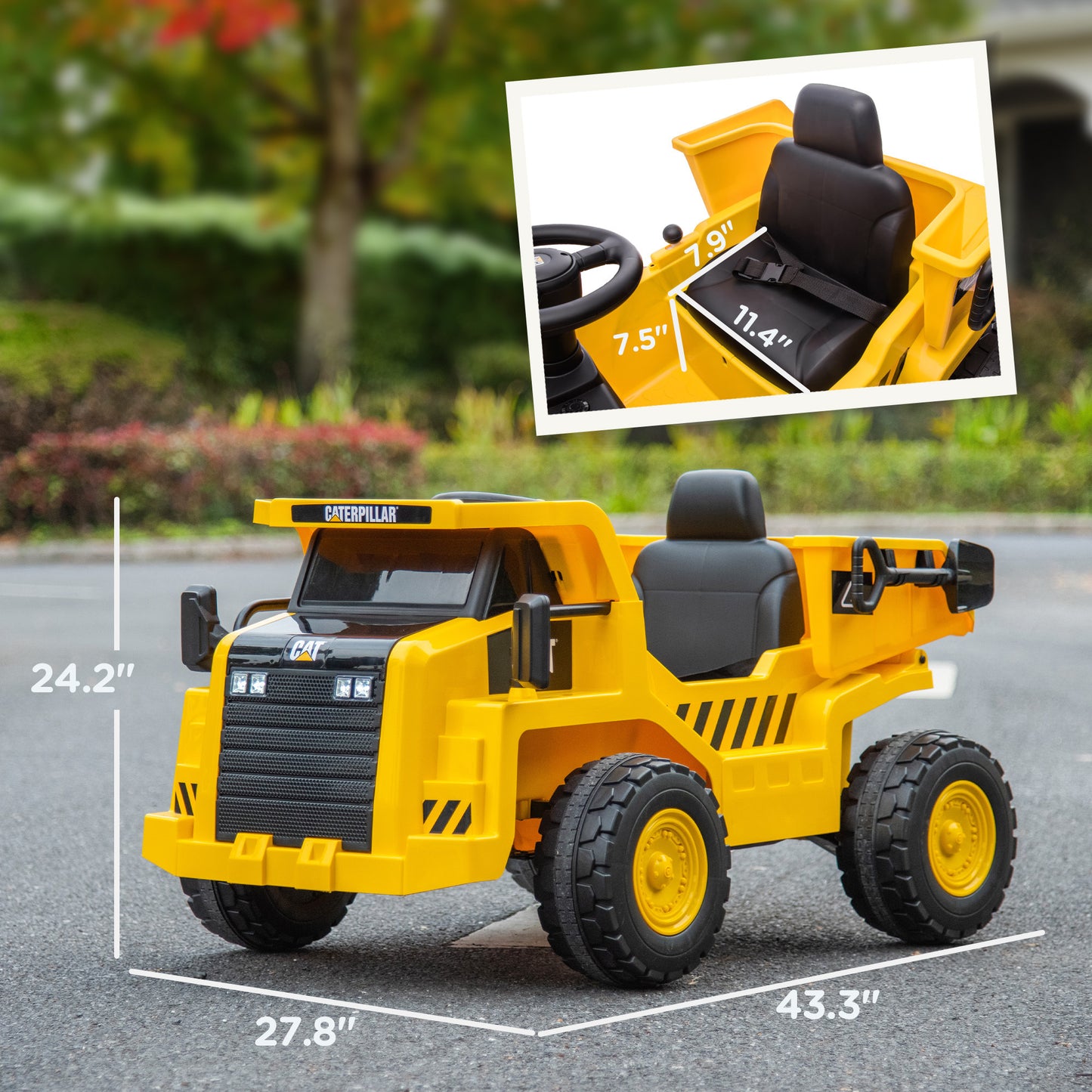 Qaba 12V Ride on Dump Truck with Parental Remote, Caterpillar Licensed Kids Excavator with Bucket, Shovel, Music, Loudspeaker, Headlights, Ride on Construction Vehicles for Ages 3-6, Yellow