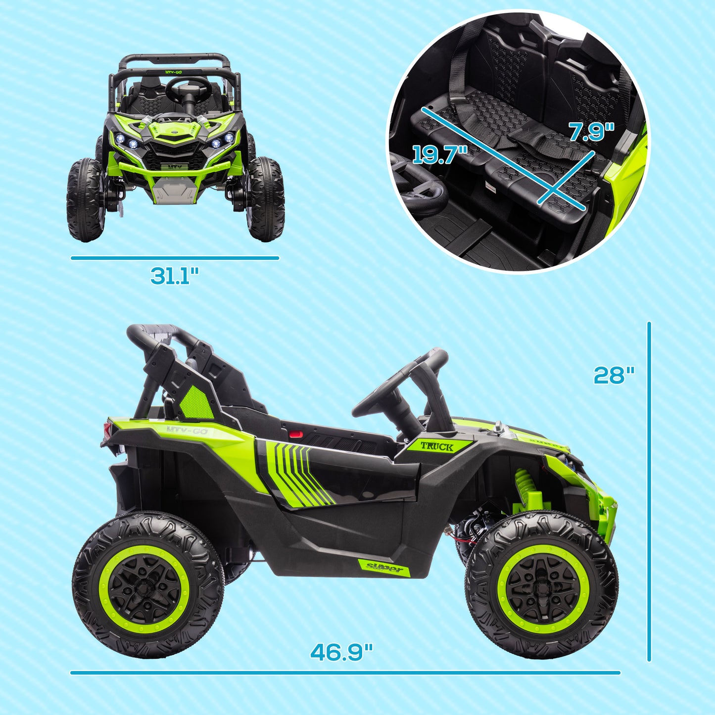 Qaba 24V 7AH Ride on UTV, 2 Seater 4MPH Kids Electric Car Ride on Battery Powered Toy with 4 Shock Absorbers, Music Horn and LED Lights, for Toddlers 3-8 Years, Green