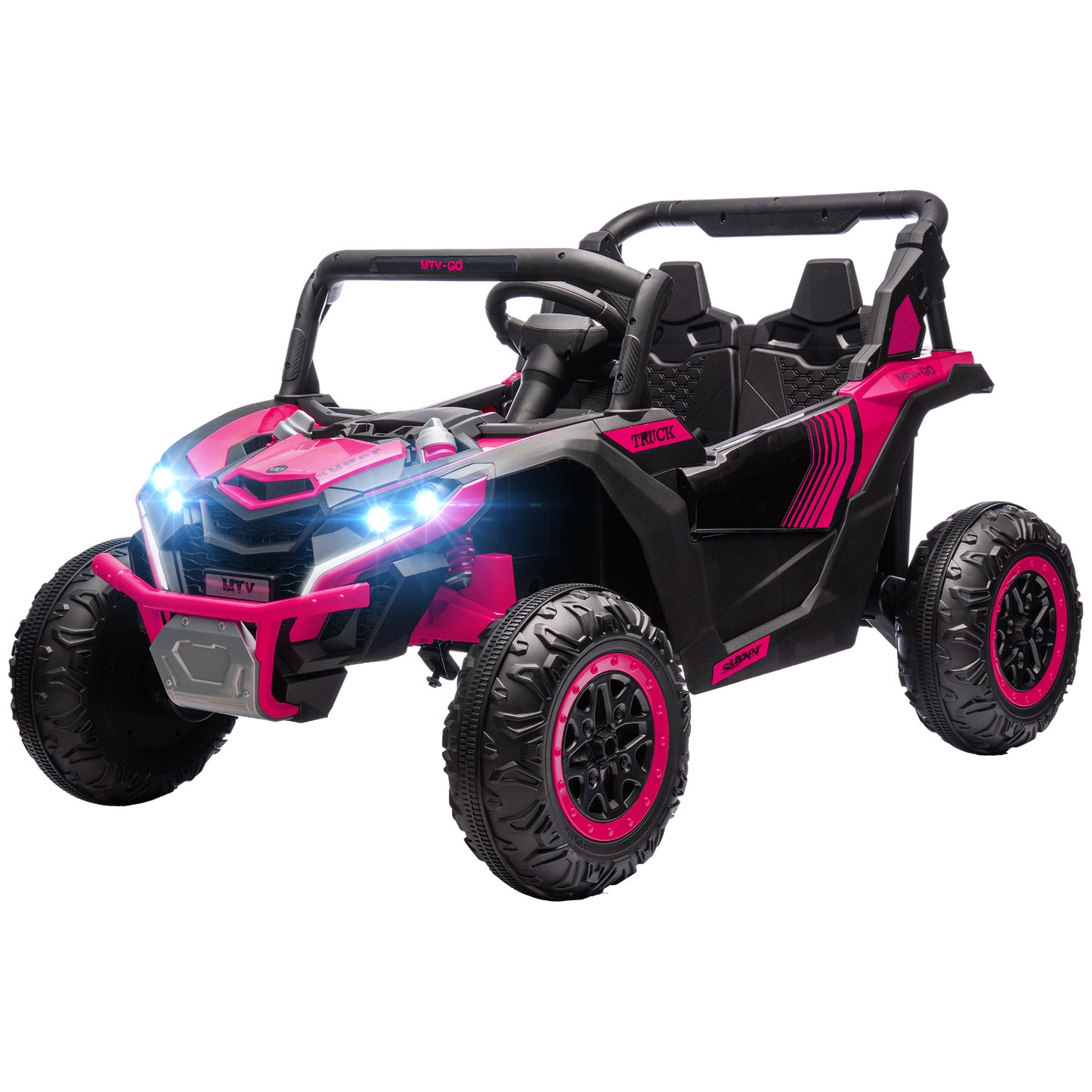 Qaba 24V 7AH Ride on UTV, 2 Seater 4MPH Kids Electric Car Ride on Battery Powered Toy with 4 Shock Absorbers, Music Horn and LED Lights, for Toddlers 3-8 Years, Pink
