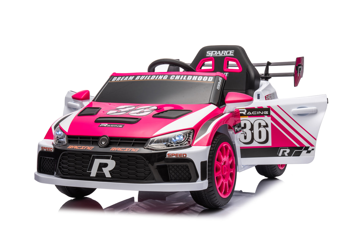 12V4A 20W*2 one button start, forward and backward, high and low speed, music, front light, power display, two doors can open, 2.4G R/C, seat belt four wheel absorber KIDS RIDE ON CAR
