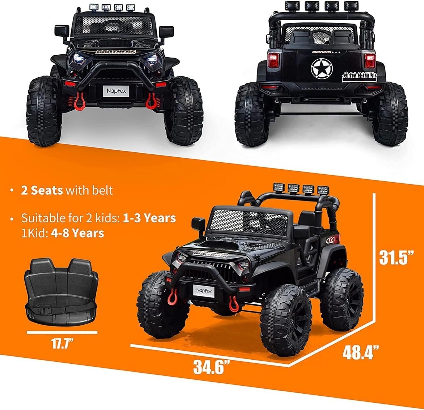 24V Ride on Car Truck with Remote Control, 2 Seater Kids Electric Car, Spring Suspension, 9Ah Battery Powered, 3 Speeds, Double Doors, Music Player