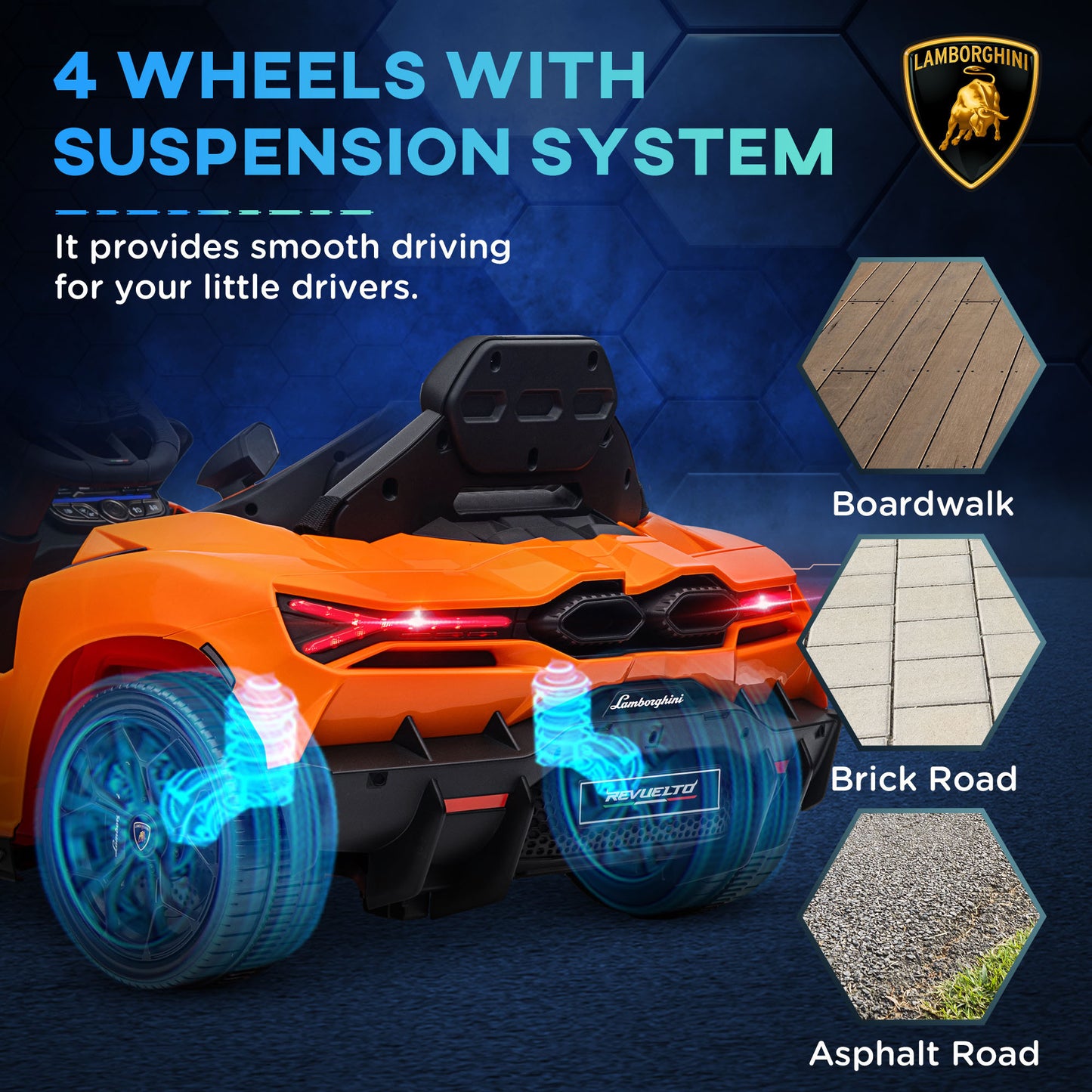 Qaba Lamborghini Revuelto Licensed 12V Kids Electric Car, Battery Powered Ride on Car with Hydraulic Doors, Remote Control, Transport Wheels, Spring Suspension, Music, Lights, 3 Speeds, Orange