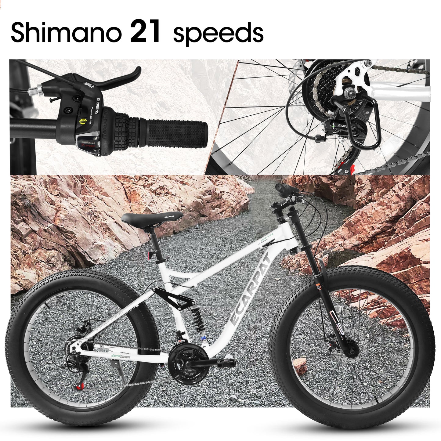 A26309 26 inch Mountain Bike,Full-Suspension 21 Speeds Drivetrain with Disc-Brake MTB Bicycle, 26*4" Fat tire Bike for Men