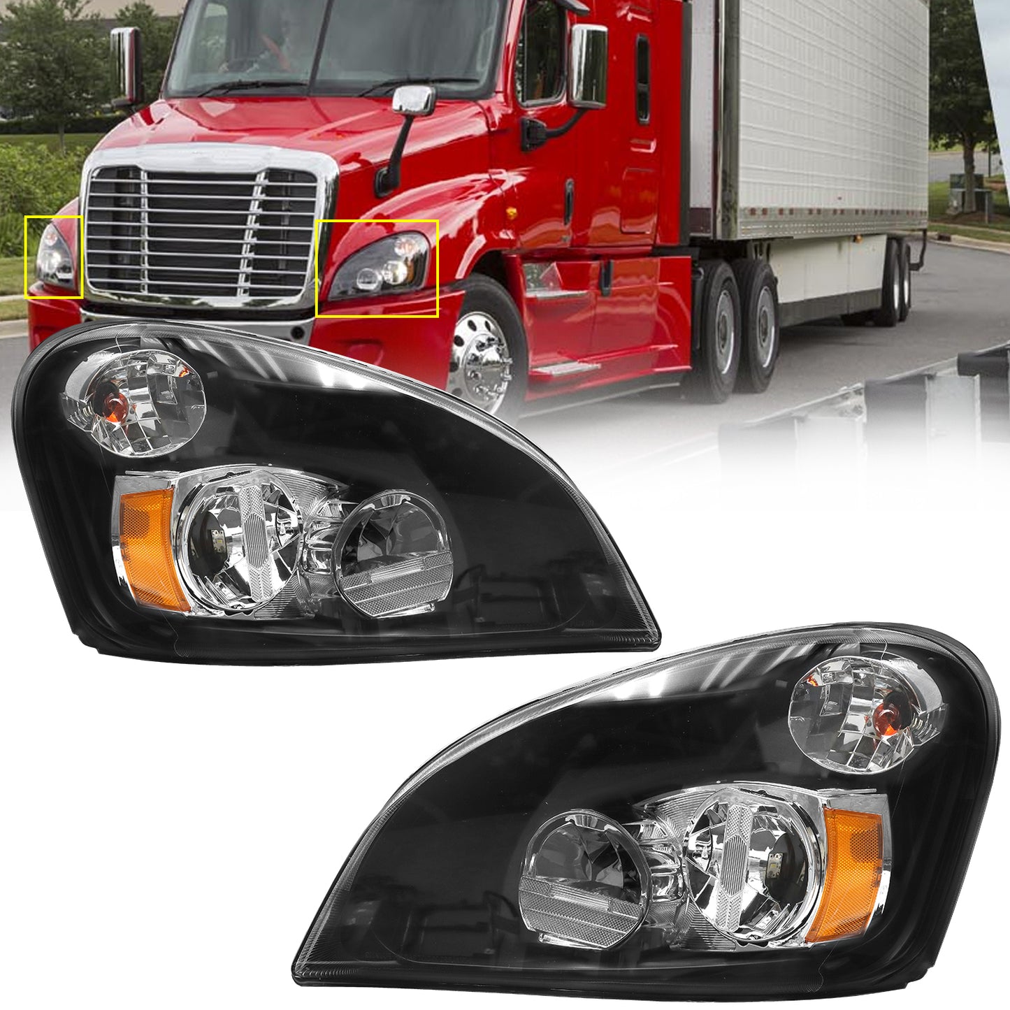 Headlight Assembly Compatible with 2008-2017 Freightliner Cascadia, LED Headlamps Assembly Black Interior Clear Lens Left Driver and Right Passenger Side