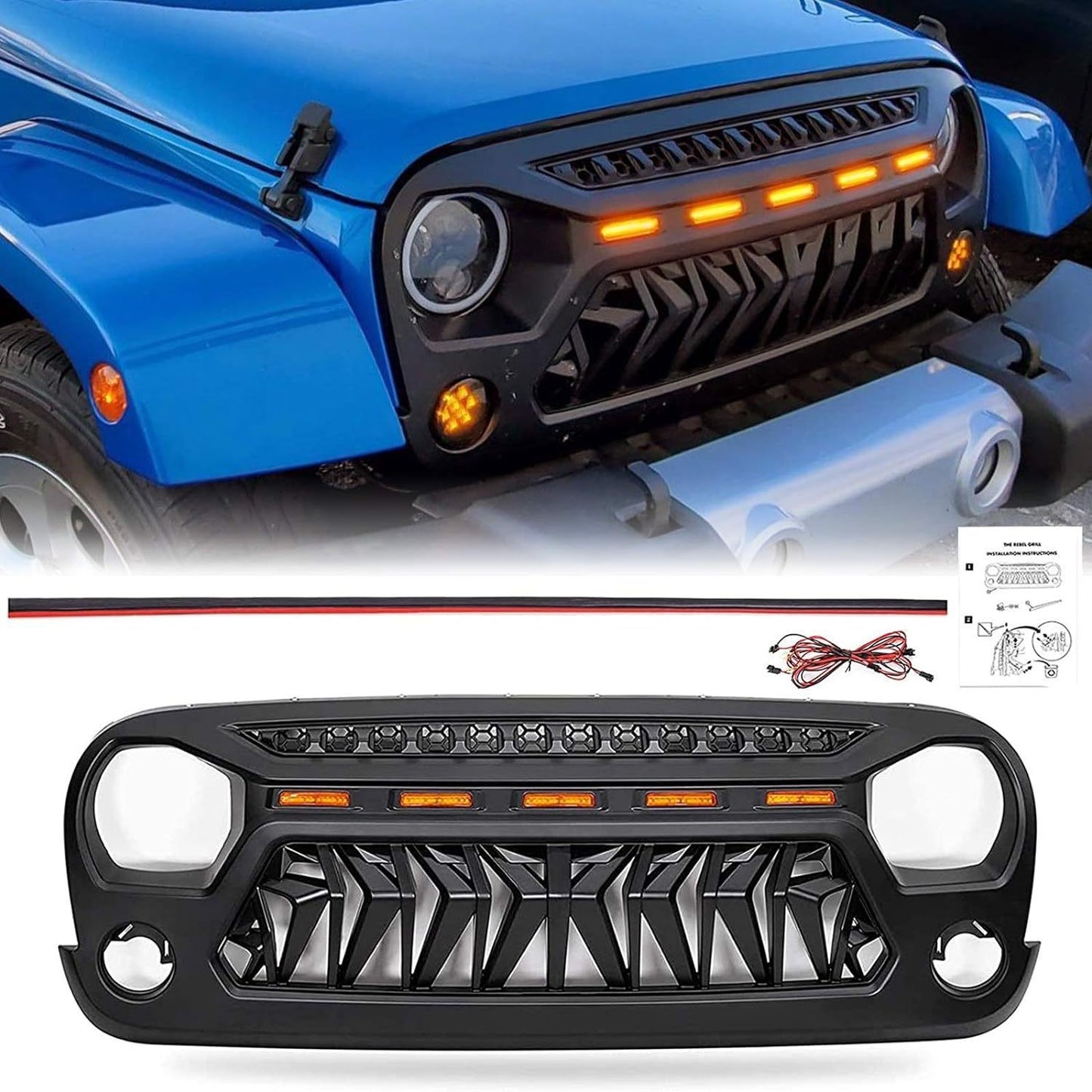 Front Matte Black Shark Grille Replacement Grill For Wrangler JK 2007-2018 with LED Lights
