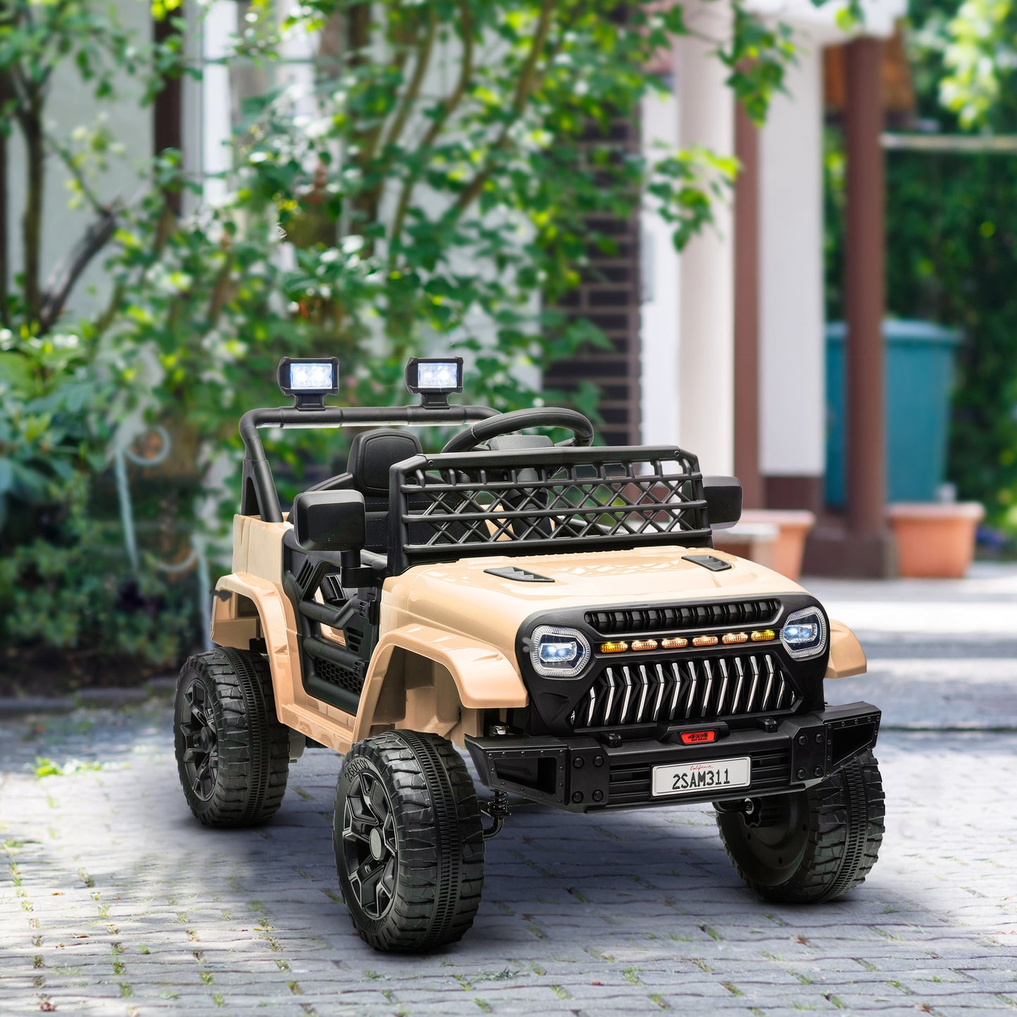 Qaba 12V Ride On Truck, Battery Powered Kids Electric Car UTV with 4 Suspension Wheels, Remote Control, 3 Speeds, LED Headlights, Horn, USB Music, Khaki
