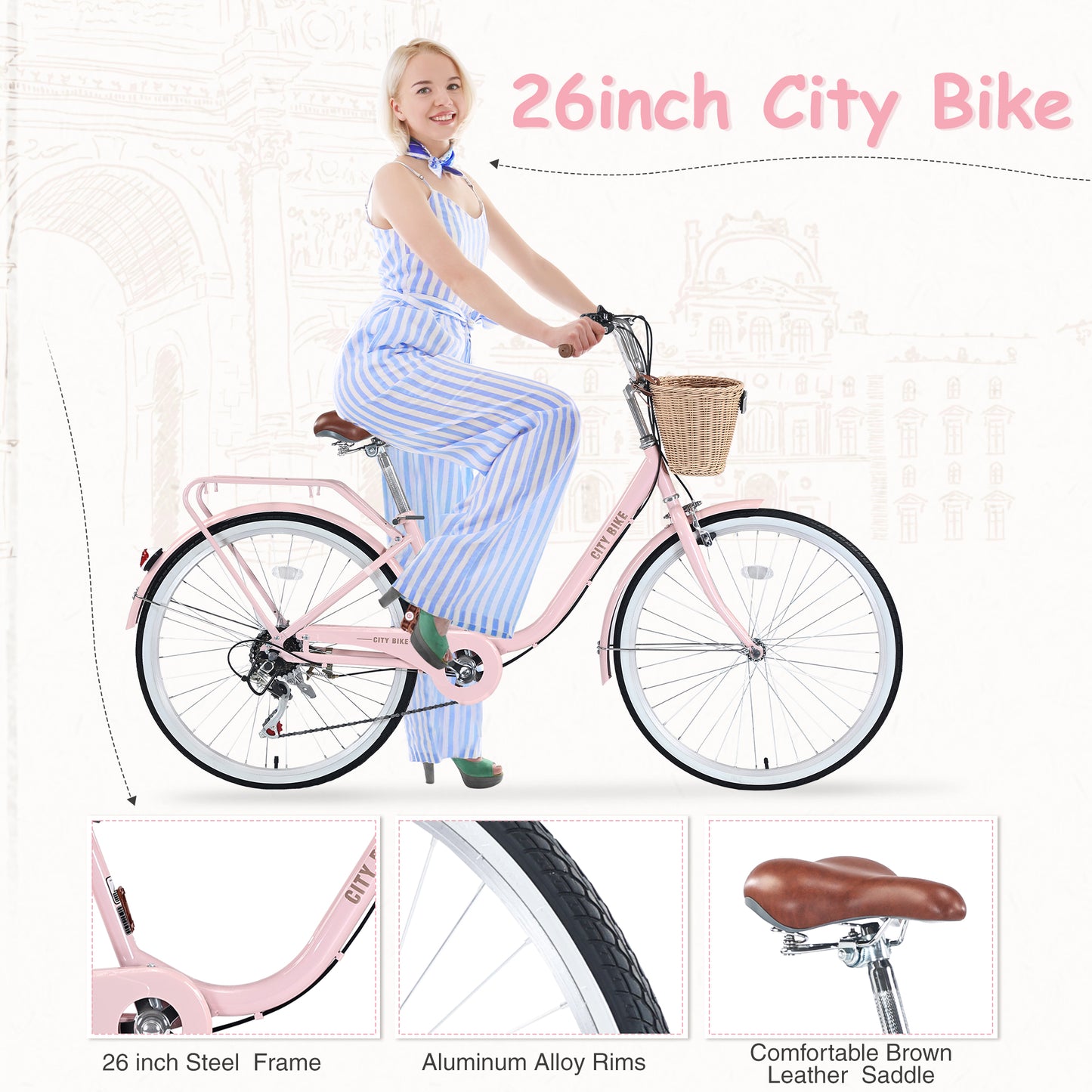 7 Speed City Bike With Basket , Steel Frame,Multiple Colors 26 Inch Girls Bicycle