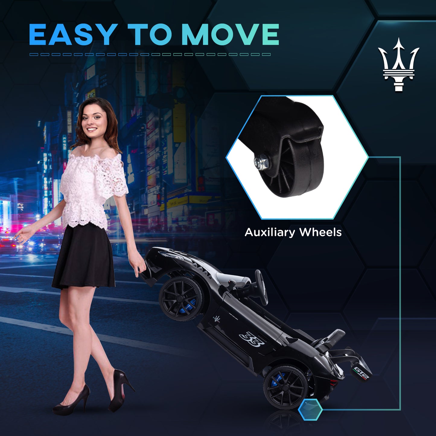 Qaba Maserati GT2 Licensed Ride On Car, 12V Battery Powered Electric Car for Kids with Shock-Absorbers, Auxiliary Wheels, 3MPH Racing Car with Remote, Horn Music LED Lights, Black